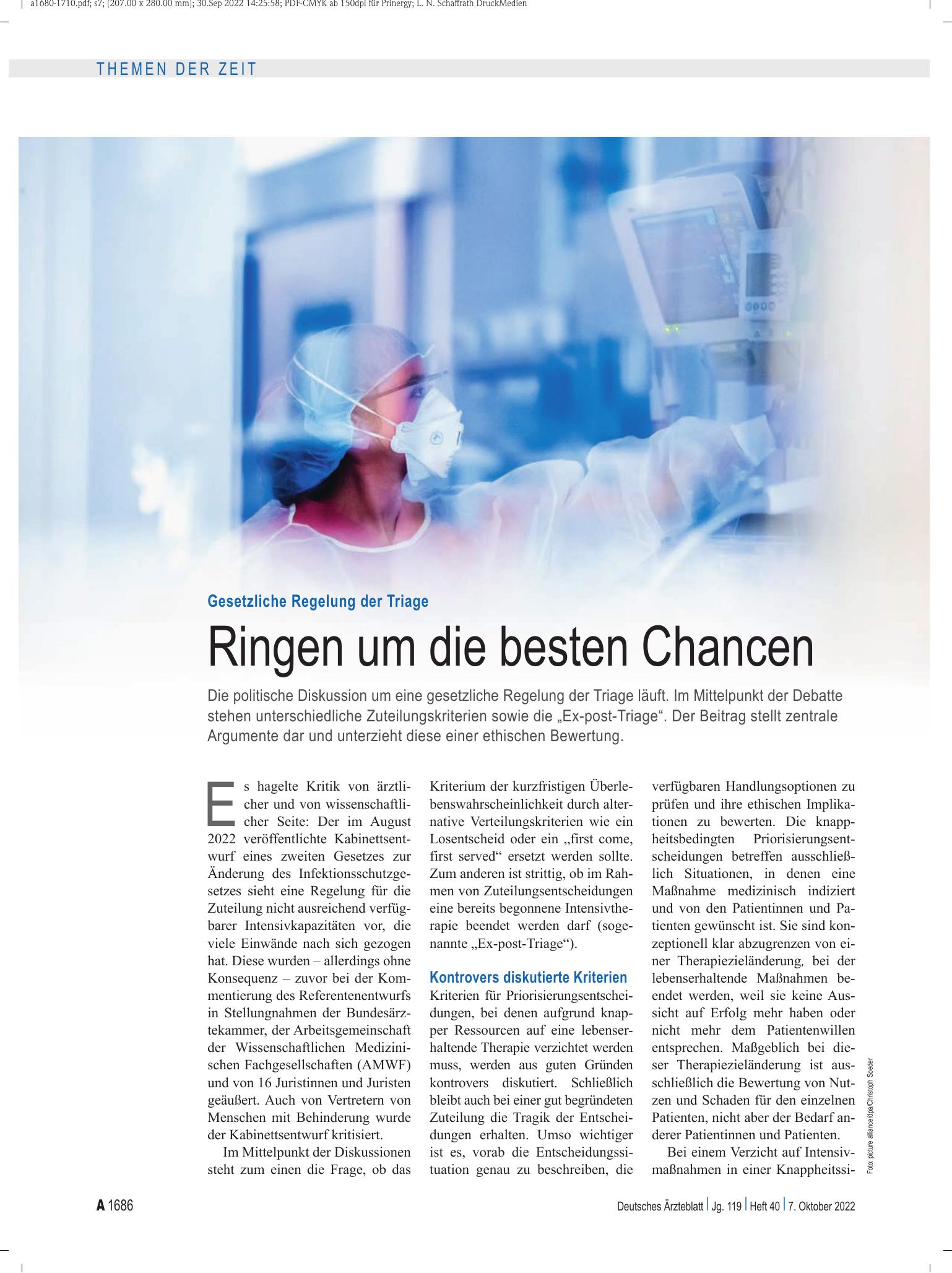 Vorschauseite 1: Gesetzliche Regelung der Triage: Ringen um die besten Chancen – Deutsches Ärzteblatt