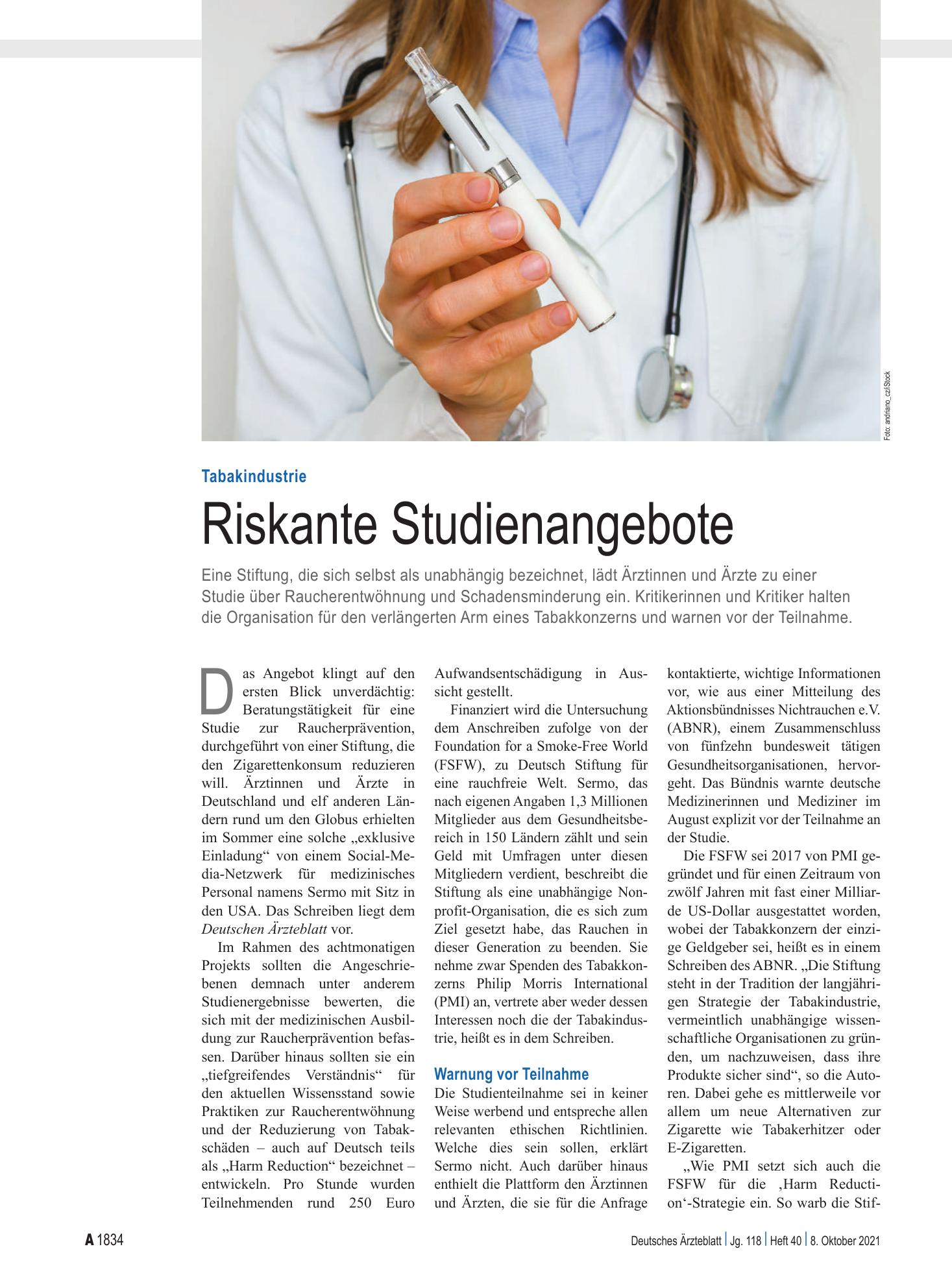 Vorschauseite 1: Tabakindustrie: Riskante Studienangebote – Deutsches Ärzteblatt