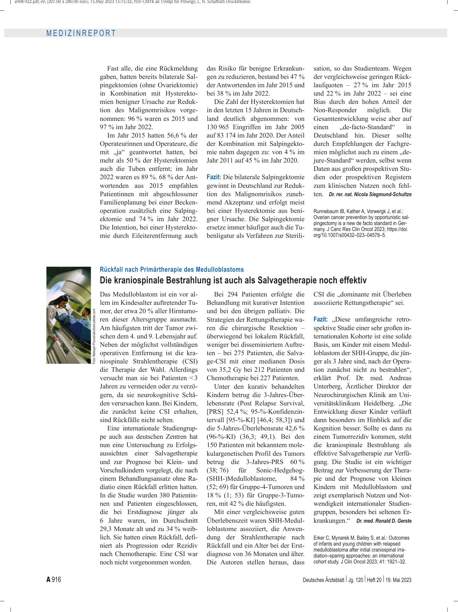Vorschauseite 1: Rückfall nach Primärtherapie des Medulloblastoms: Die kraniospinale Bestrahlung ist auch als Salvagetherapie noch effektiv – Deutsches Ärzteblatt