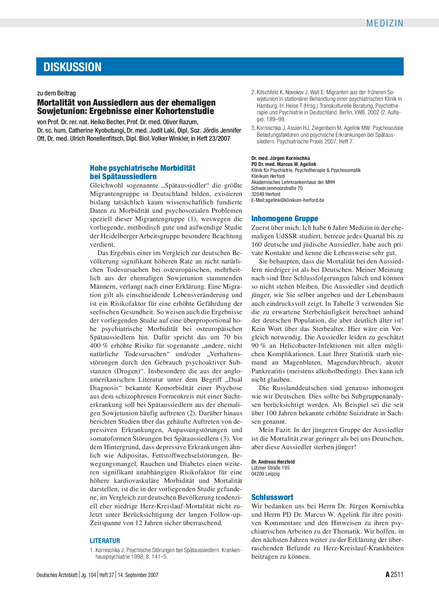 Vorschauseite 1: Mortalität von Aussiedlern aus der ehemaligen Sowjetunion – Ergebnisse einer Kohortenstudie: Hohe psychiatrische Morbidität bei Spätaussiedlern – Deutsches Ärzteblatt