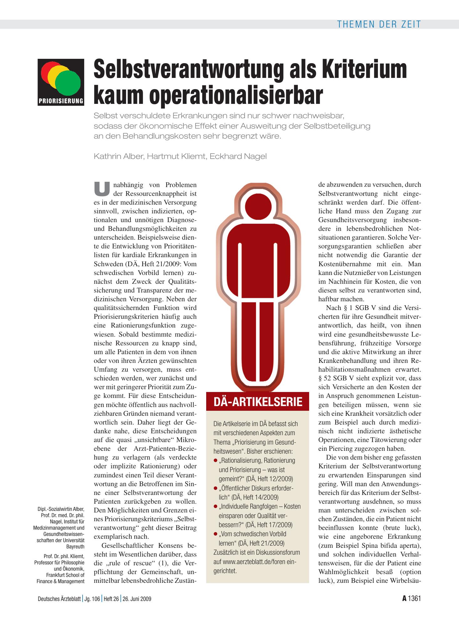Vorschauseite 1: Selbstverantwortung als Kriterium kaum operationalisierbar – Deutsches Ärzteblatt