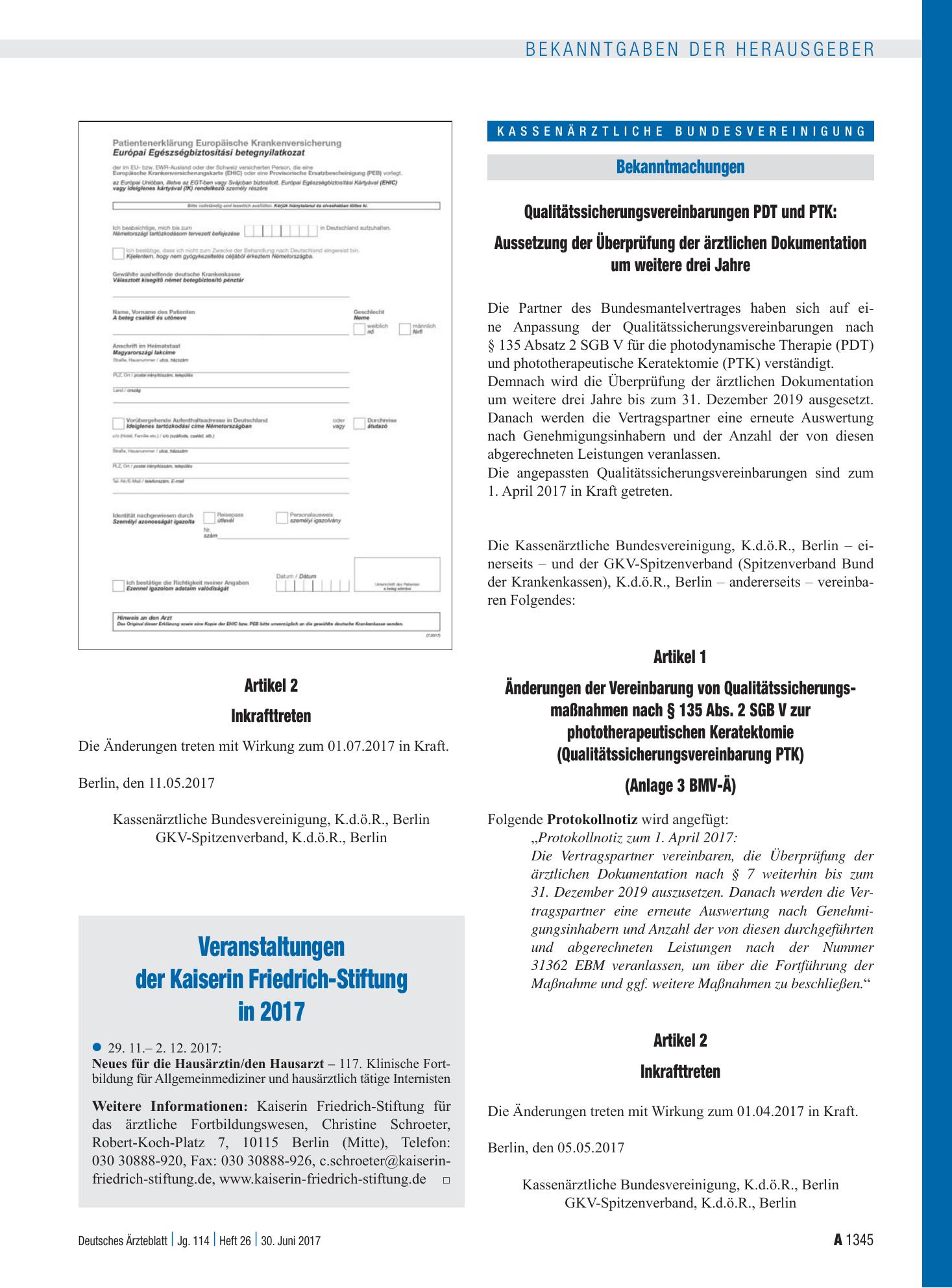 Vorschauseite 1: Veranstaltungen der Kaiserin Friedrich-Stiftung in 2017 – Deutsches Ärzteblatt