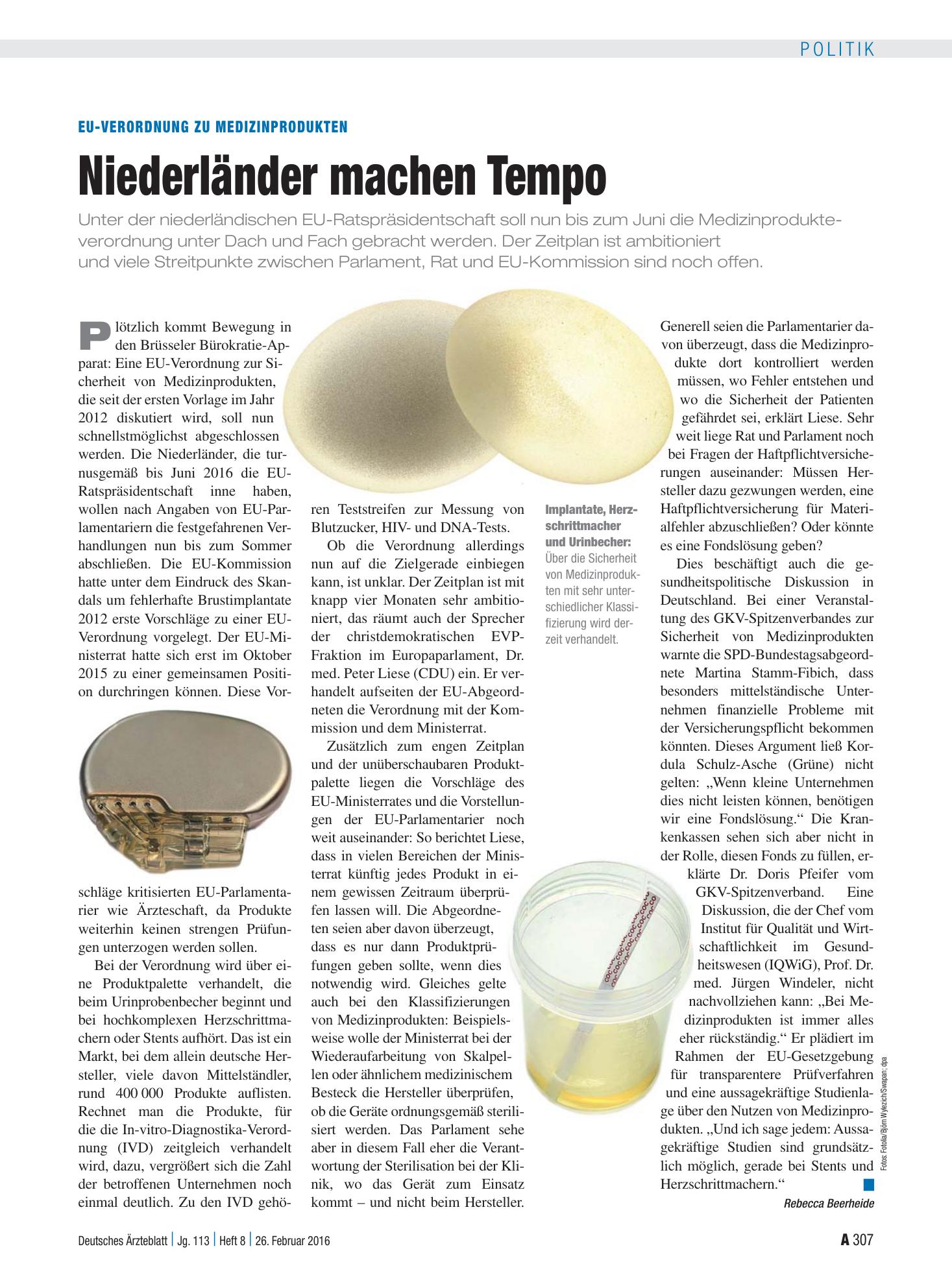 Vorschauseite 1: EU-Verordnung zu Medizinprodukten: Niederländer machen Tempo – Deutsches Ärzteblatt