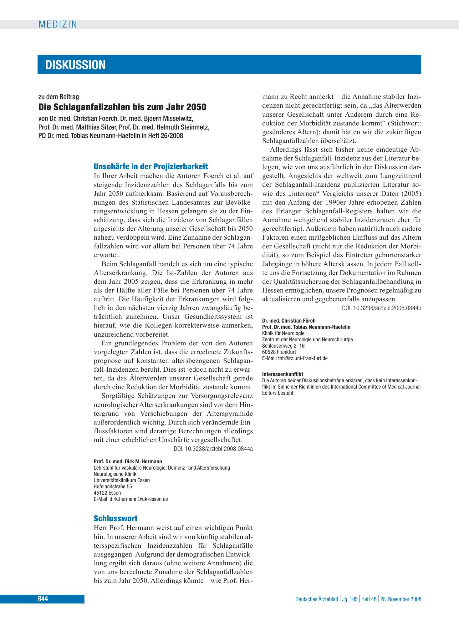 Vorschauseite 1: Die Schlaganfallzahlen bis zum Jahr 2050: Unschärfe in der Projizierbarkeit – Deutsches Ärzteblatt