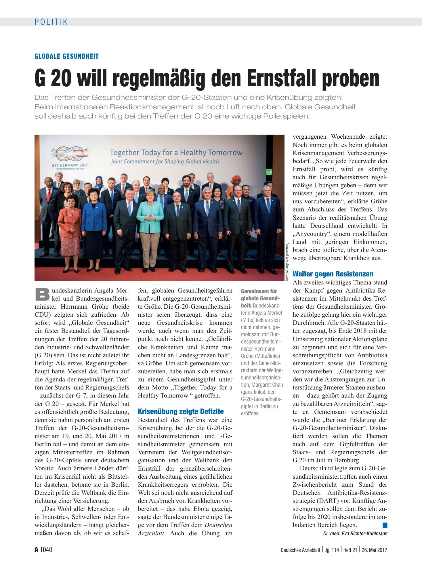 Vorschauseite 1: Globale Gesundheit: G 20 will regelmäßig den Ernstfall proben – Deutsches Ärzteblatt