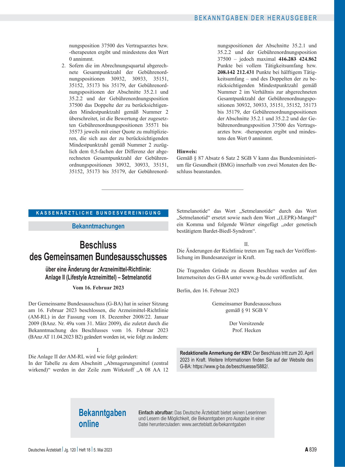 Vorschauseite 1: Beschluss des Gemeinsamen Bundesausschusses über eine Änderung der Arzneimittel-Richtlinie: Setmelanotid – Deutsches Ärzteblatt