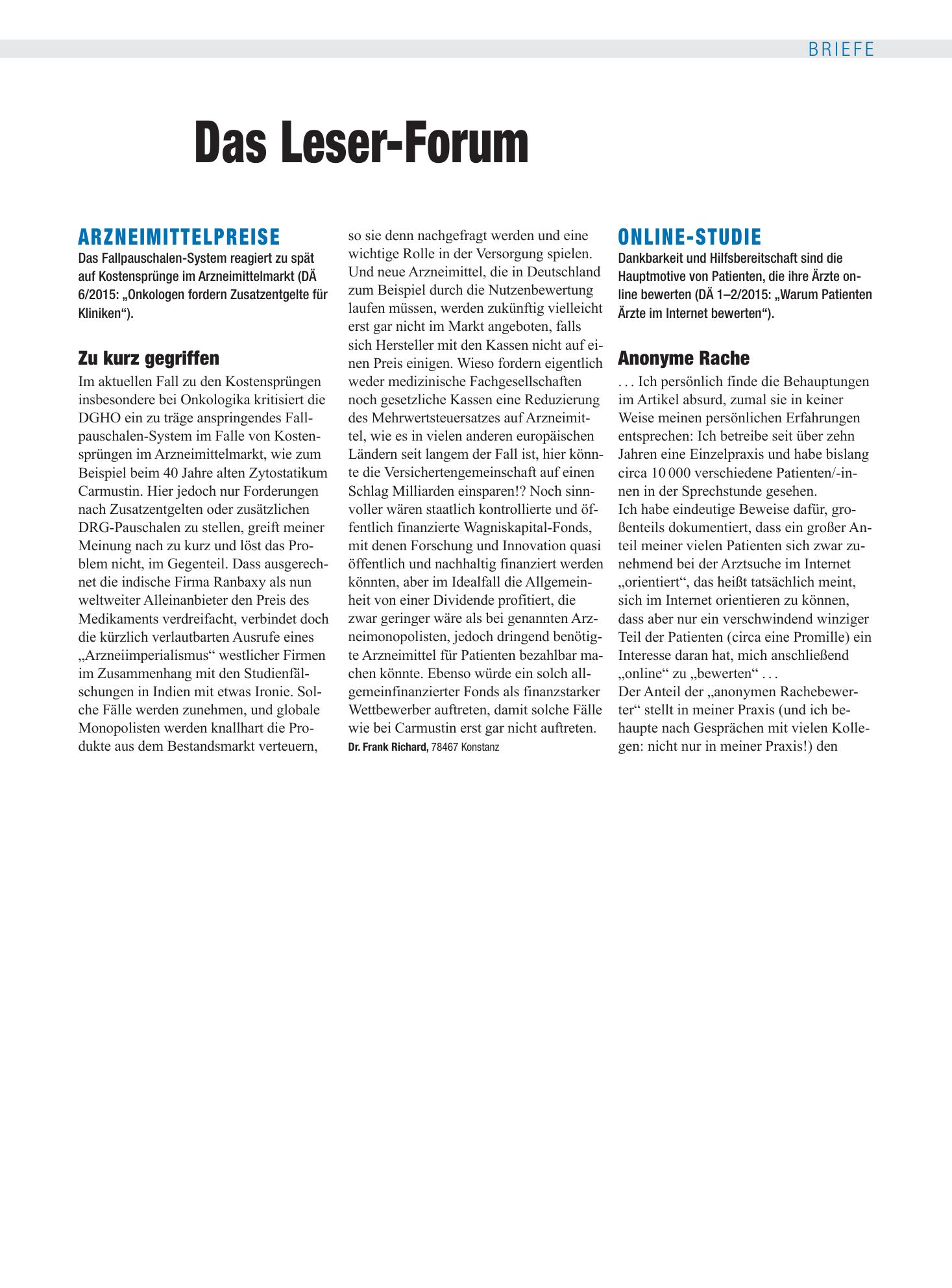 Vorschauseite 1: Online-Studie: Anonyme Rache – Deutsches Ärzteblatt