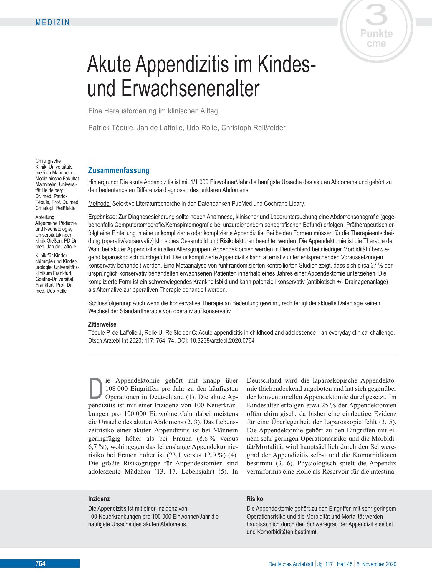 Vorschauseite 1: Akute Appendizitis im Kindes- und Erwachsenenalter – Deutsches Ärzteblatt
