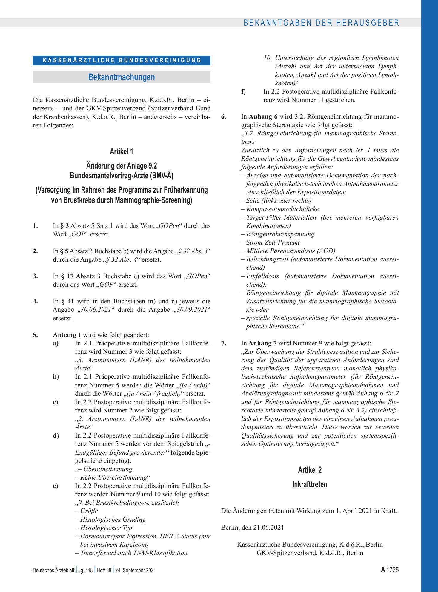 Vorschauseite 1: Änderung der Anlage 9.2 Bundesmantelvertrag-Ärzte (BMV-Ä): Versorgung im Rahmen des Programms zur Früherkennung von Brustkrebs durch Mammographie-Screening – Deutsches Ärzteblatt