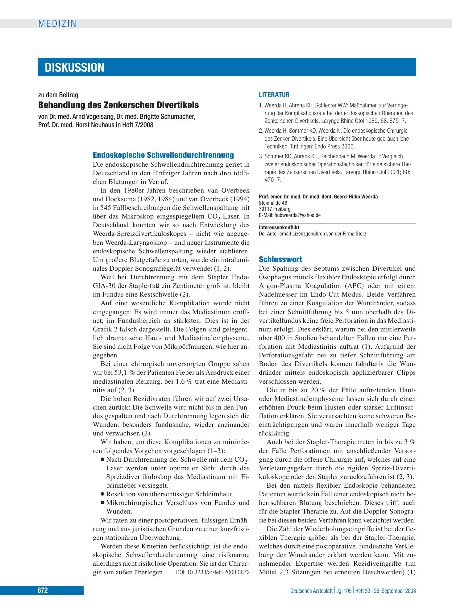 Vorschauseite 1: Behandlung des Zenkerschen Divertikels: Schlusswort – Deutsches Ärzteblatt