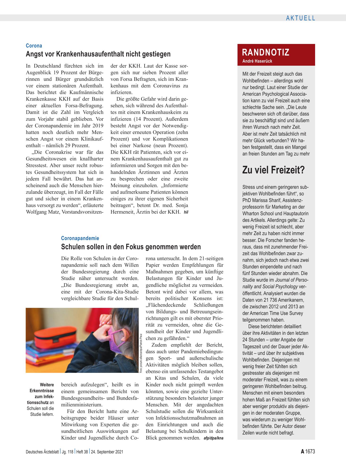 Vorschauseite 1: Randnotiz: Zu viel Freizeit? – Deutsches Ärzteblatt