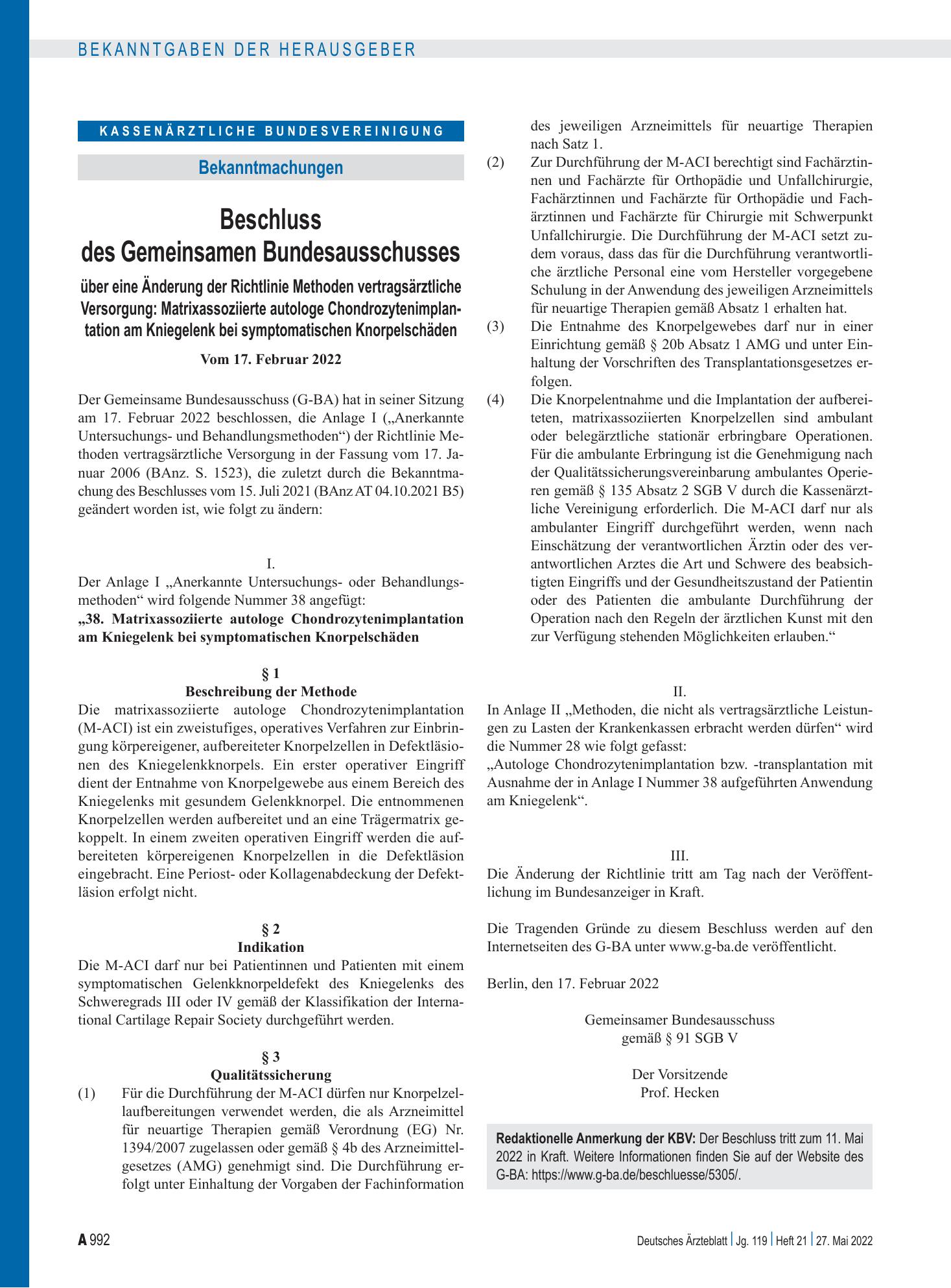 Vorschauseite 1: Beschluss des Gemeinsamen Bundesausschusses über eine Änderung der Richtlinie Methoden vertragsärztliche Versorgung: Matrixassoziierte autologe Chondrozytenimplantation am Kniegel…