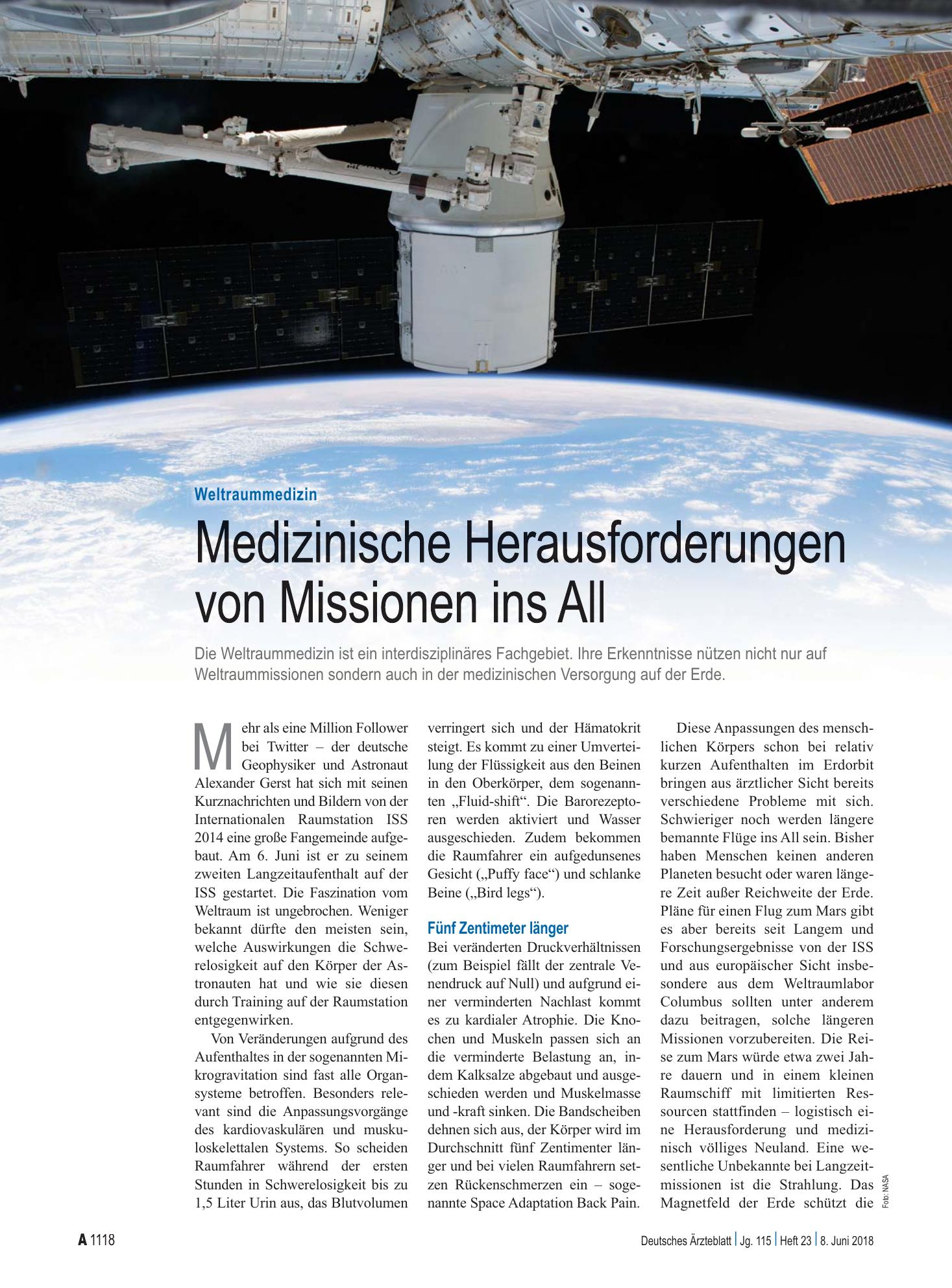 Vorschauseite 1: Weltraummedizin: Medizinische Herausforderungen von Missionen ins All – Deutsches Ärzteblatt