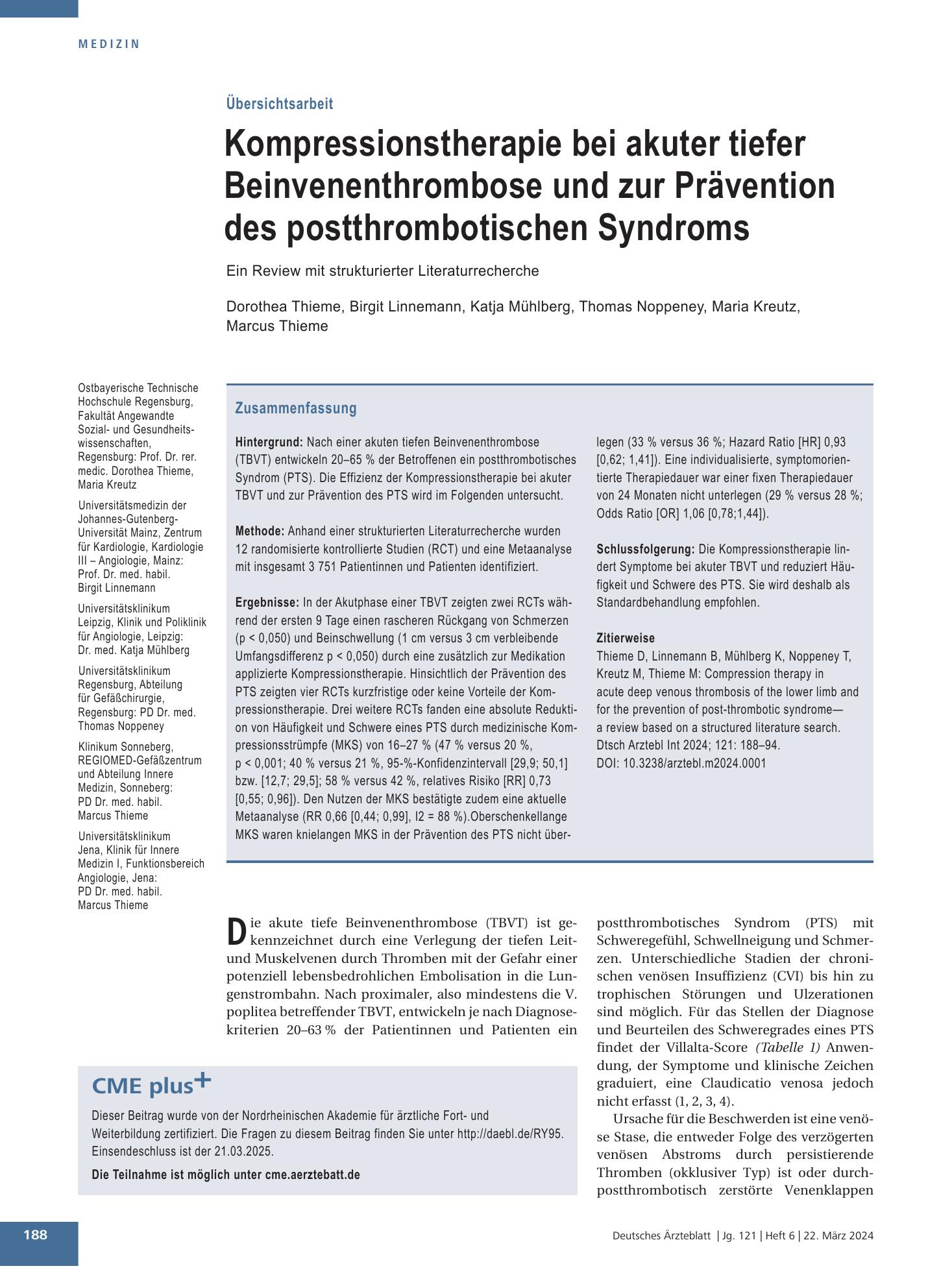 Vorschauseite 1: Kompressionstherapie bei akuter tiefer Beinvenenthrombose und zur Prävention des postthrombotischen Syndroms – Deutsches Ärzteblatt