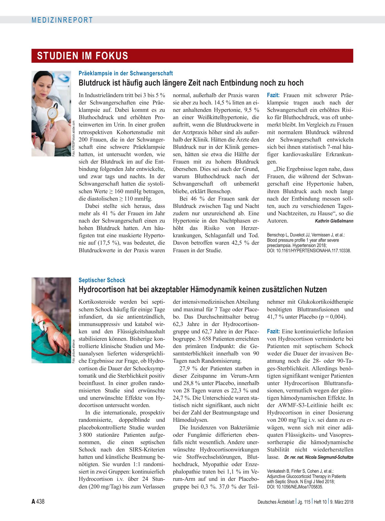 Vorschauseite 1: Septischer Schock: Hydrocortison hat bei akzeptabler Hämodynamik keinen zusätzlichen Nutzen – Deutsches Ärzteblatt