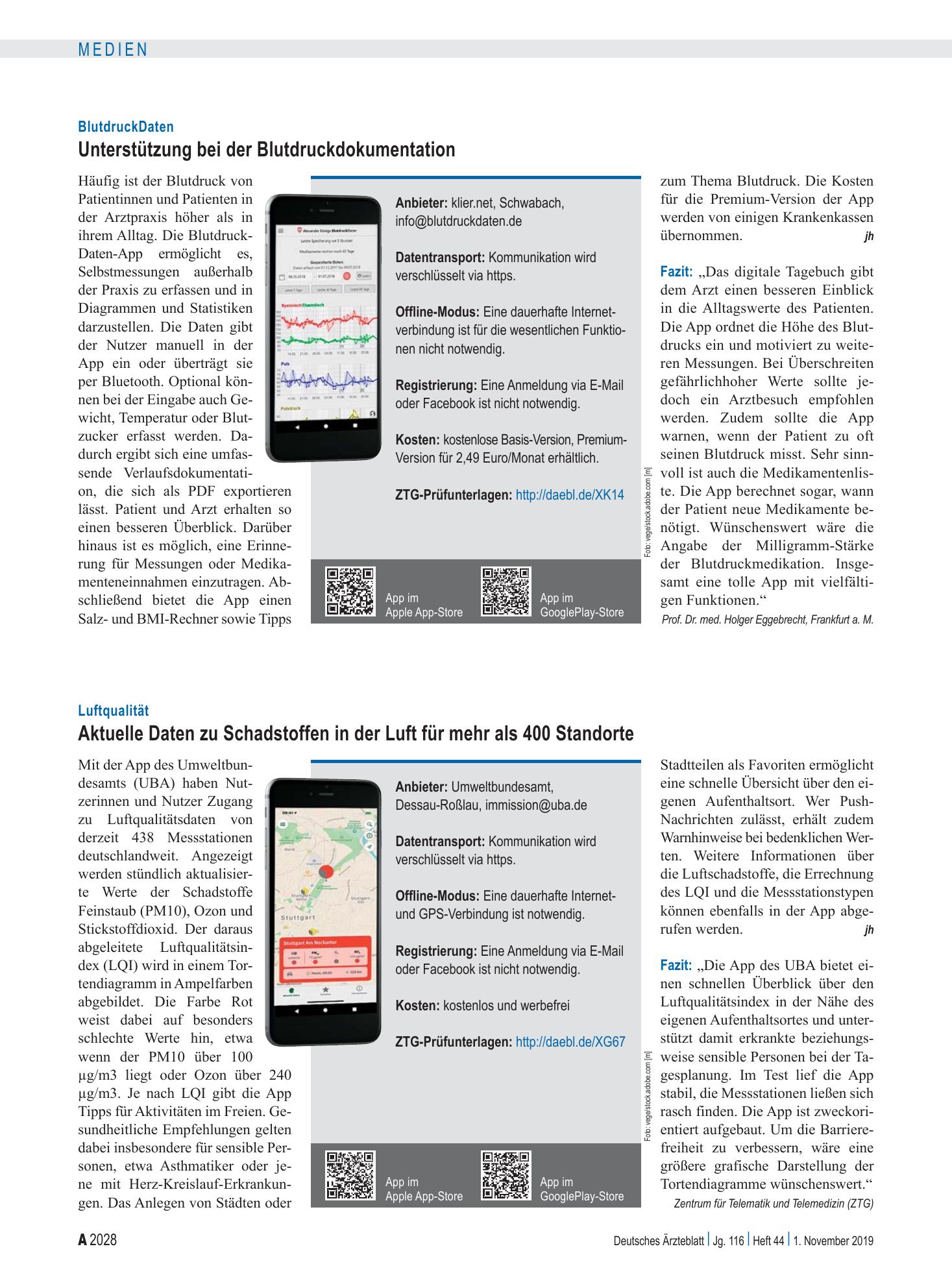 Vorschauseite 1: BlutdruckDaten: Unterstützung bei der Blutdruckdokumentation – Deutsches Ärzteblatt