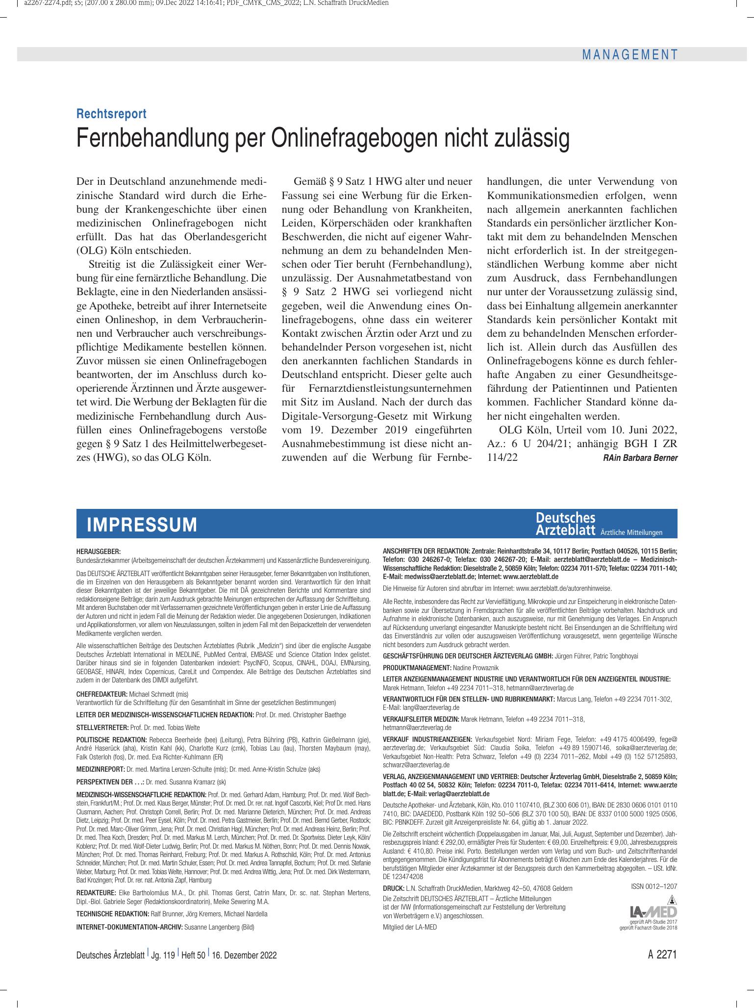 Vorschauseite 1: Rechtsreport: Fernbehandlung per Onlinefragebogen nicht zulässig – Deutsches Ärzteblatt