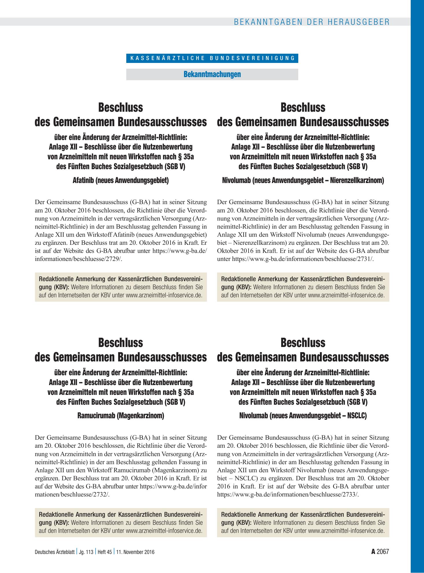 Vorschauseite 1: Beschluss des Gemeinsamen Bundesausschusses über eine Änderung der Arzneimittel-Richtlinie: Anlage XII – Afatinib (neues Anwendungsgebiet) – Deutsches Ärzteblatt