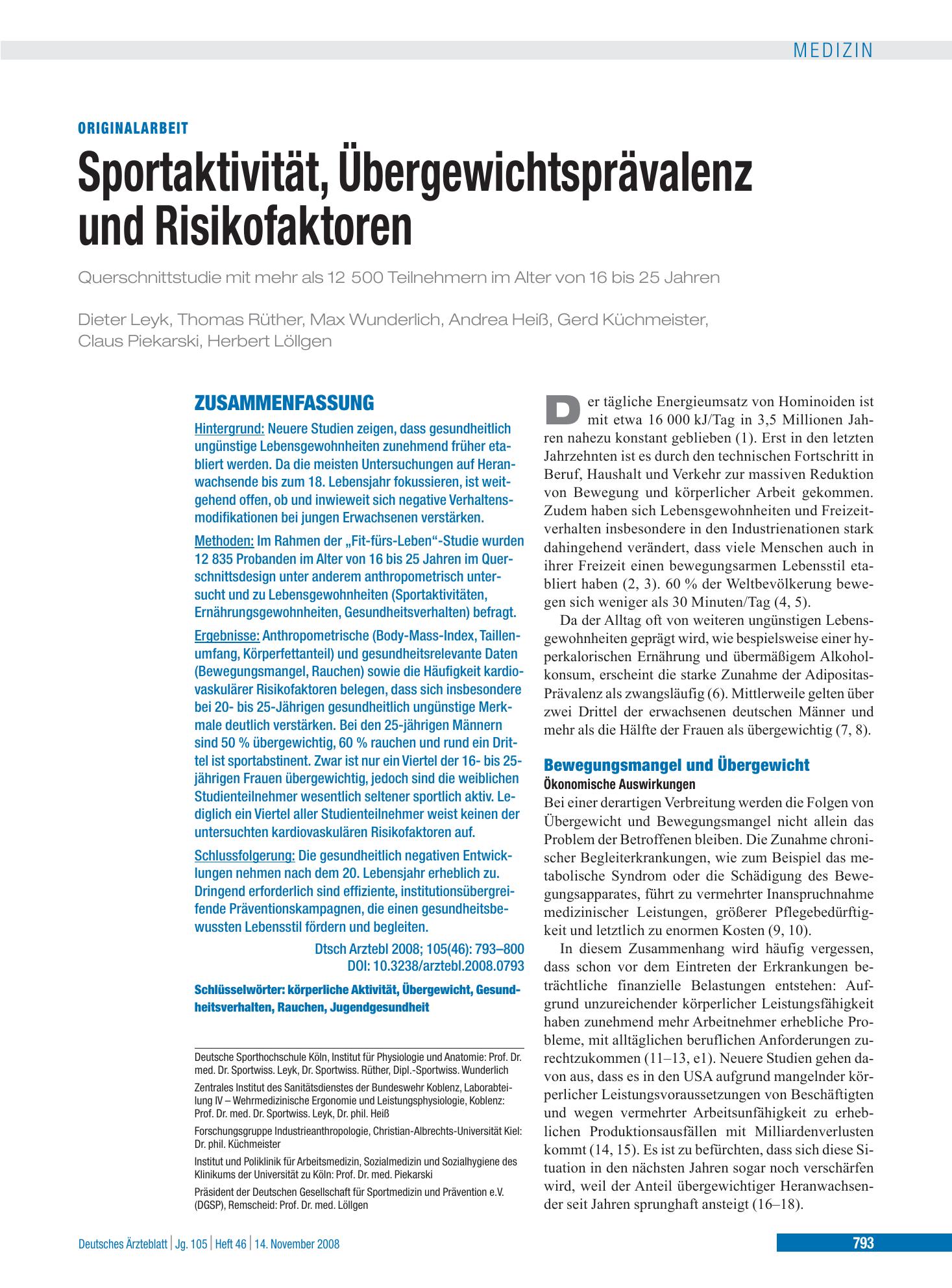 Vorschauseite 1: Sportaktivität, Übergewichtsprävalenz und Risikofaktoren – Deutsches Ärzteblatt