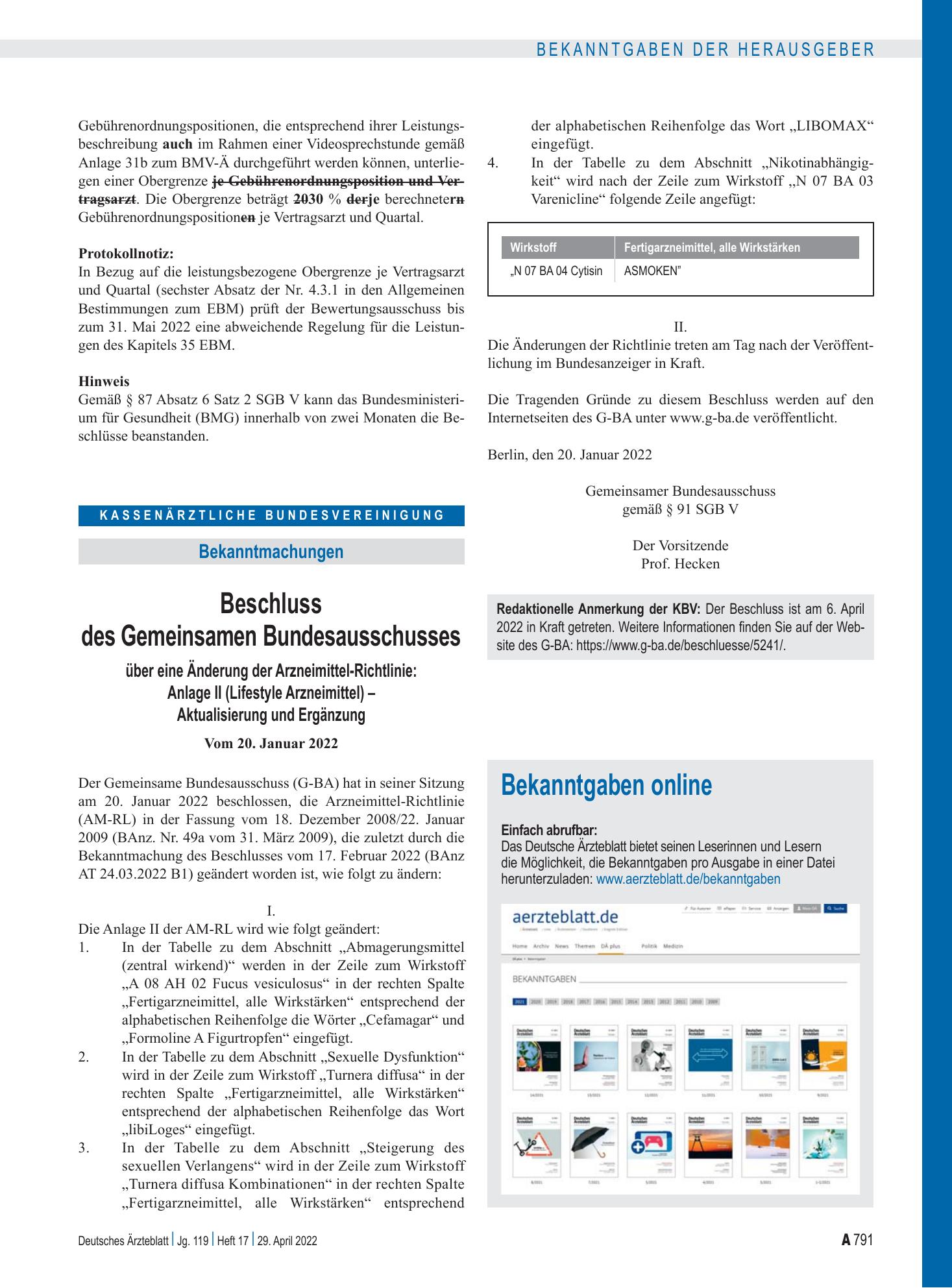 Vorschauseite 1: Bekanntgaben online – Deutsches Ärzteblatt