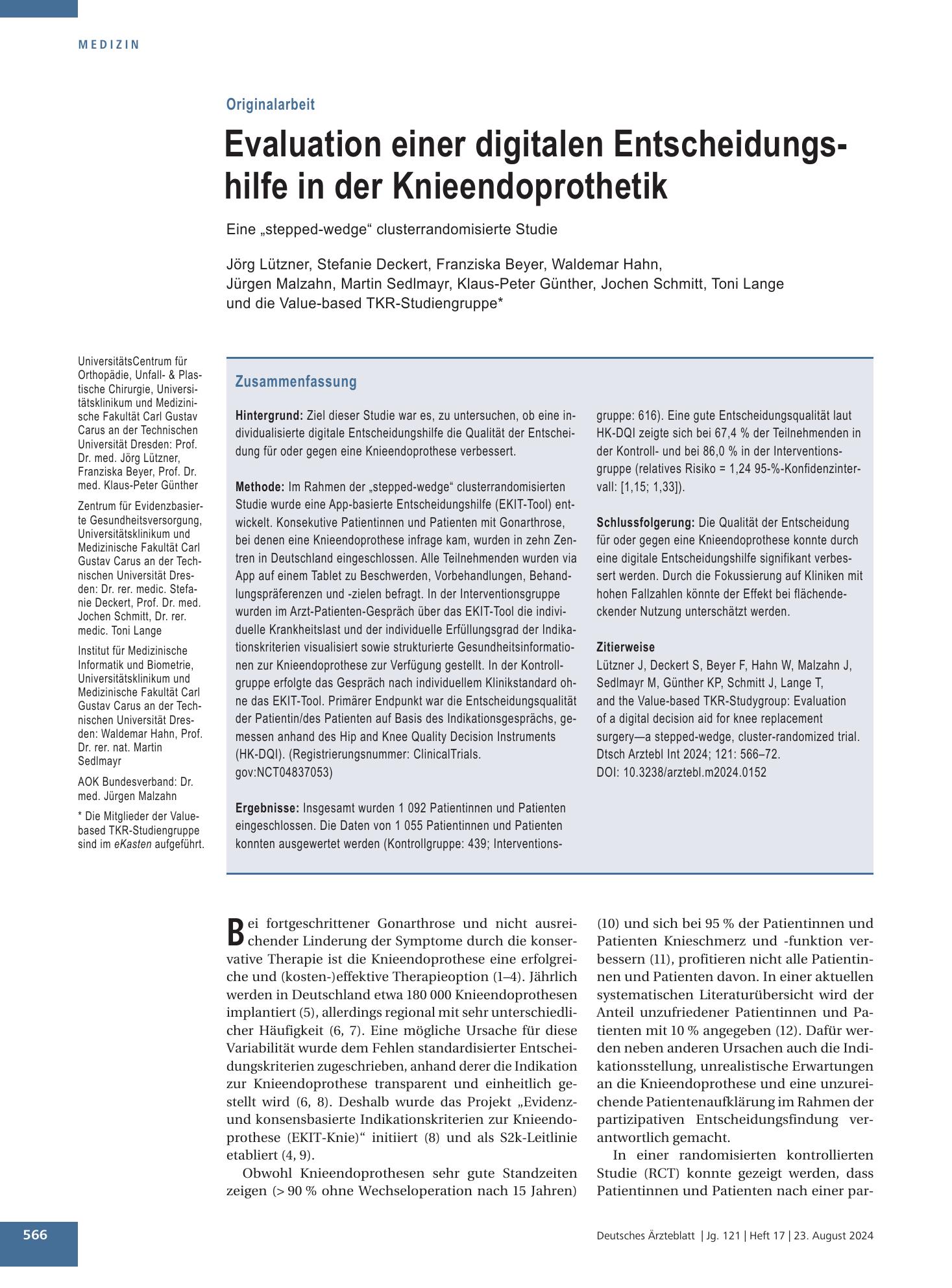 Vorschauseite 1: Evaluation einer digitalen Entscheidungshilfe in der Knieendoprothetik – Deutsches Ärzteblatt