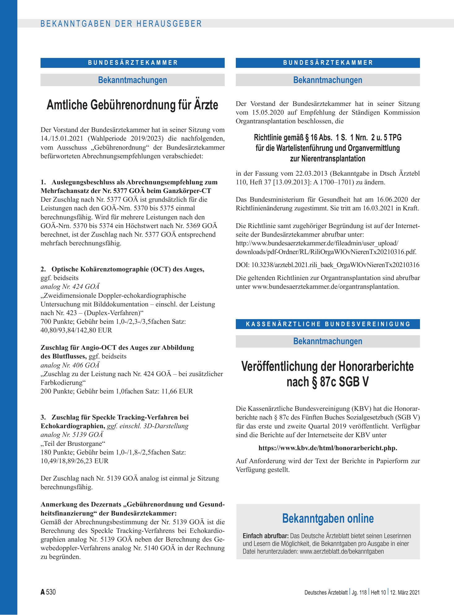 Vorschauseite 1: Bekanntgaben online – Deutsches Ärzteblatt