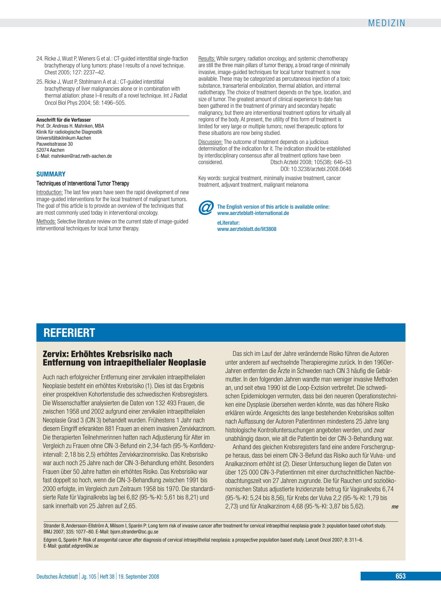 Vorschauseite 1: Zervix: Erhöhtes Krebsrisiko nach Entfernung von intraepithelialer Neoplasie – Deutsches Ärzteblatt