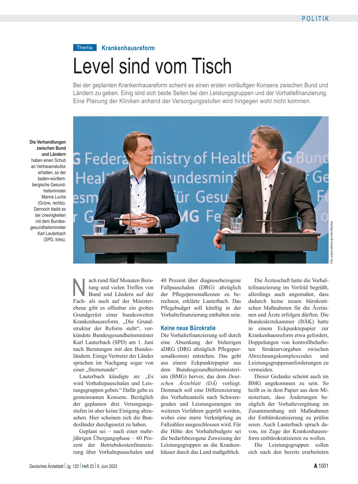Vorschauseite 1: Krankenhausreform: Level sind vom Tisch – Deutsches Ärzteblatt