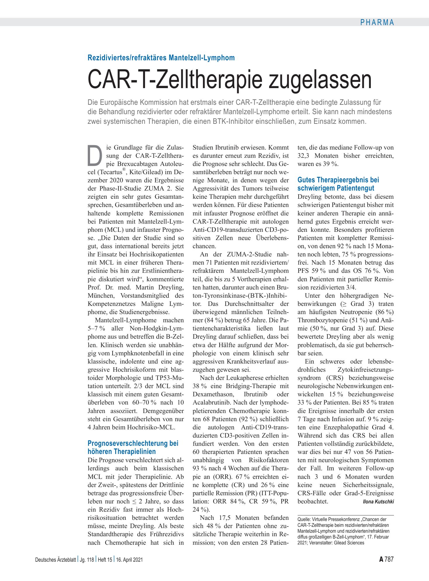Vorschauseite 1: Rezidiviertes/refraktäres Mantelzell-Lymphom: CAR-T-Zelltherapie zugelassen – Deutsches Ärzteblatt