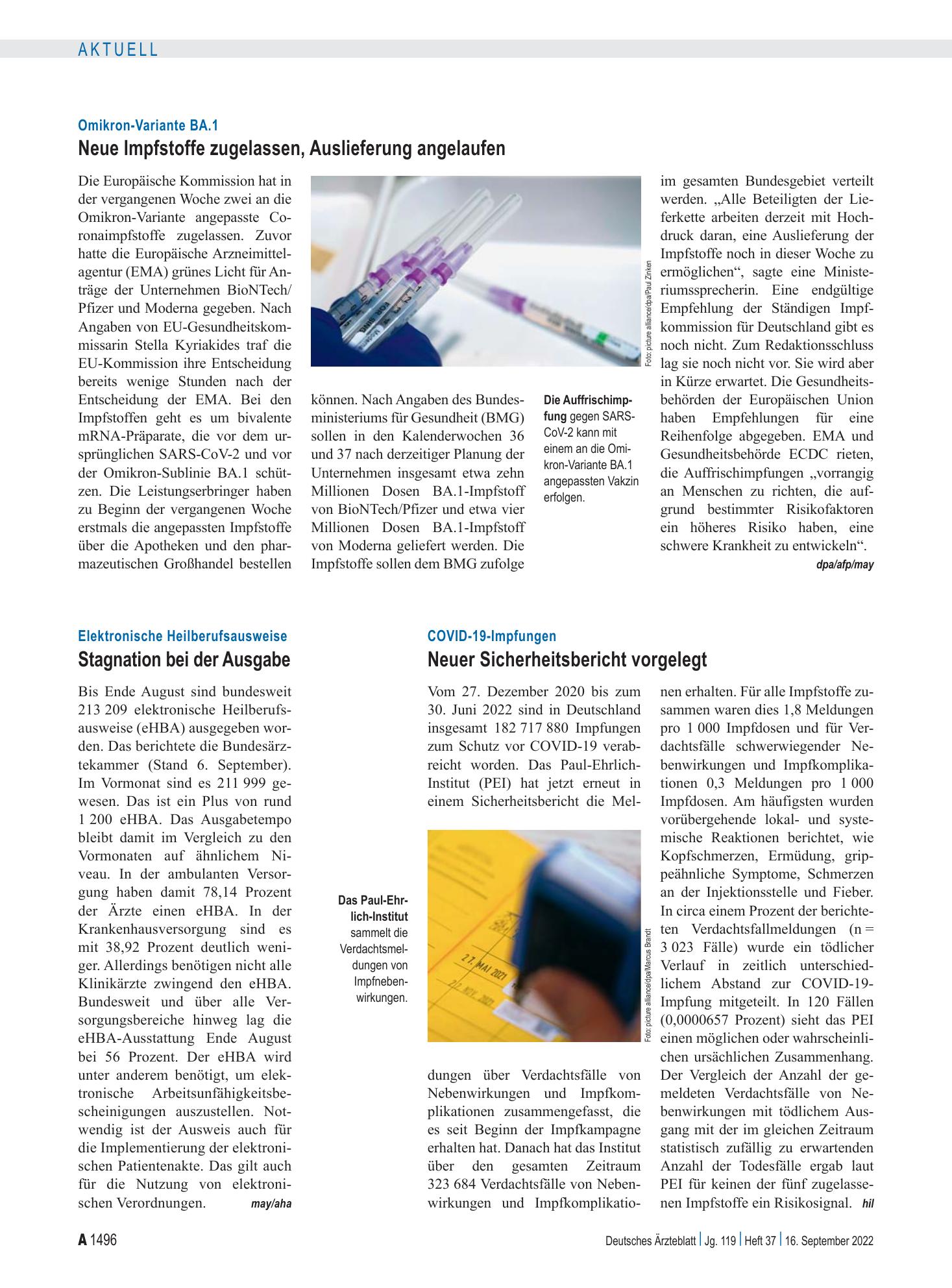 Vorschauseite 1: COVID-19-Impfungen: Neuer Sicherheitsbericht vorgelegt – Deutsches Ärzteblatt