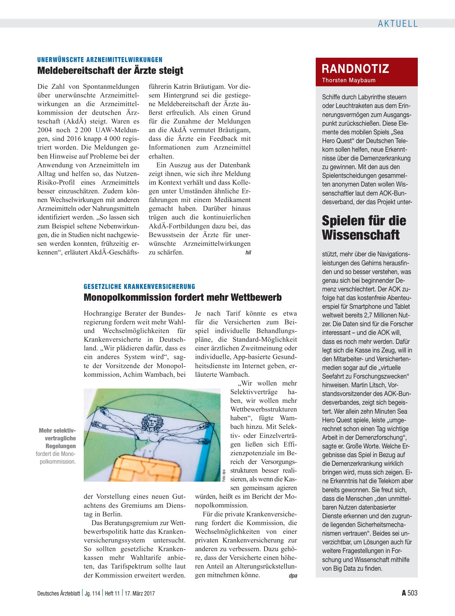 Vorschauseite 1: Unerwünschte Arzneimittelwirkungen: Meldebereitschaft der Ärzte steigt – Deutsches Ärzteblatt