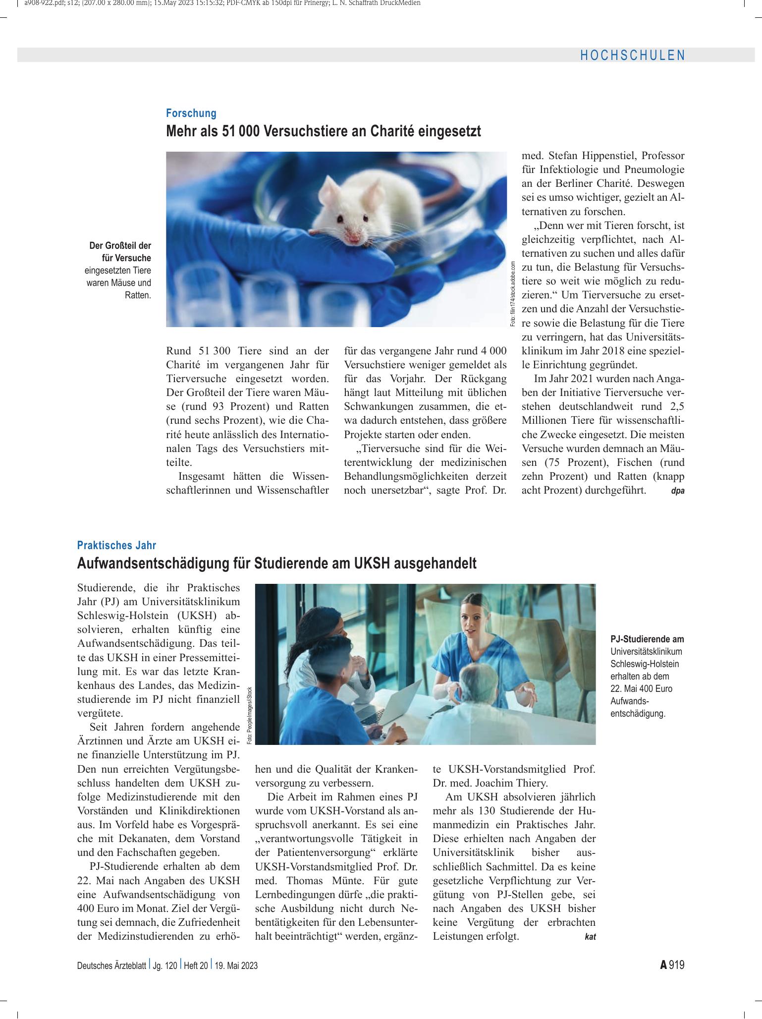 Vorschauseite 1: Forschung: Mehr als 51 000 Versuchstiere an Charité eingesetzt – Deutsches Ärzteblatt