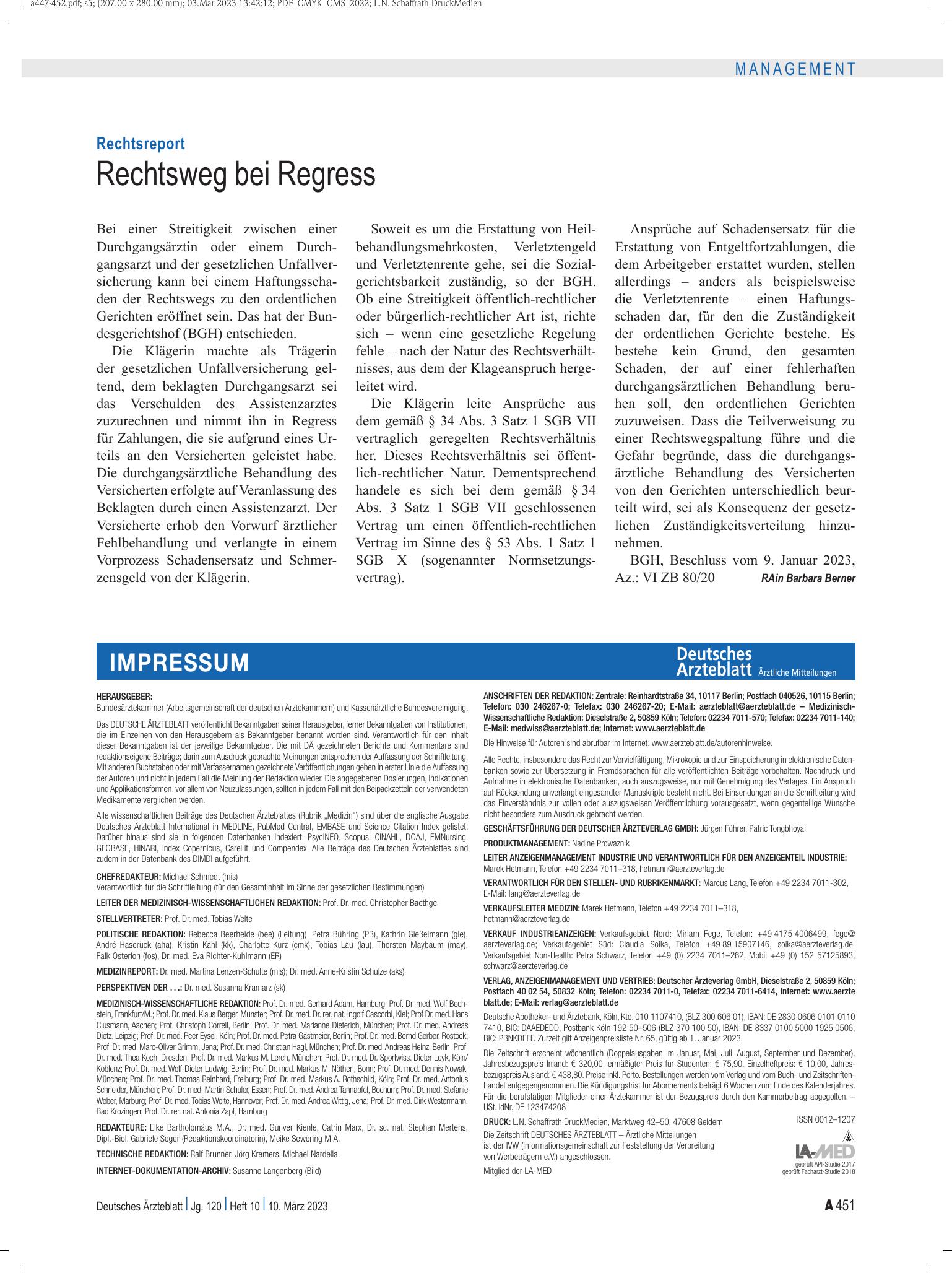 Vorschauseite 1: Rechtsreport: Rechtsweg bei Regress – Deutsches Ärzteblatt
