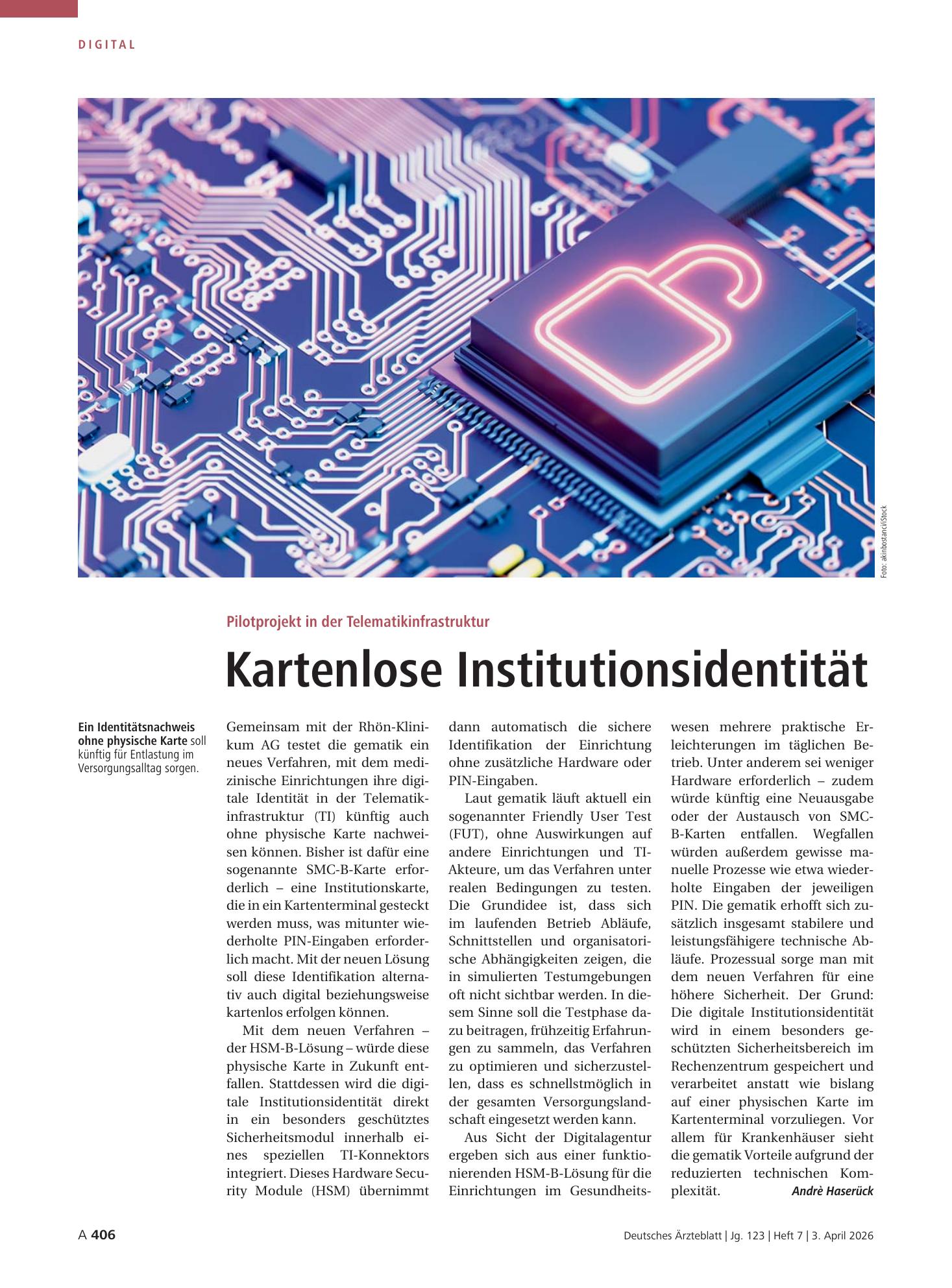 Vorschauseite 1: Pilotprojekt in der Telematikinfrastruktur: Kartenlose Institutionsidentität – Deutsches Ärzteblatt