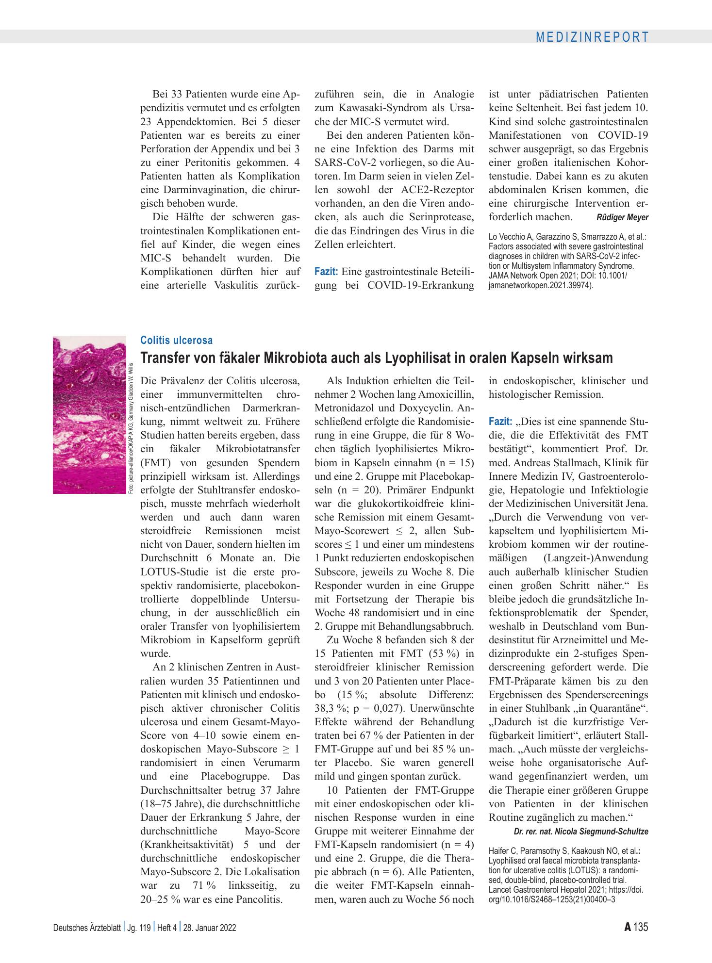 Vorschauseite 1: Colitis ulcerosa: Transfer von fäkaler Mikrobiota auch als Lyophilisat in oralen Kapseln wirksam – Deutsches Ärzteblatt