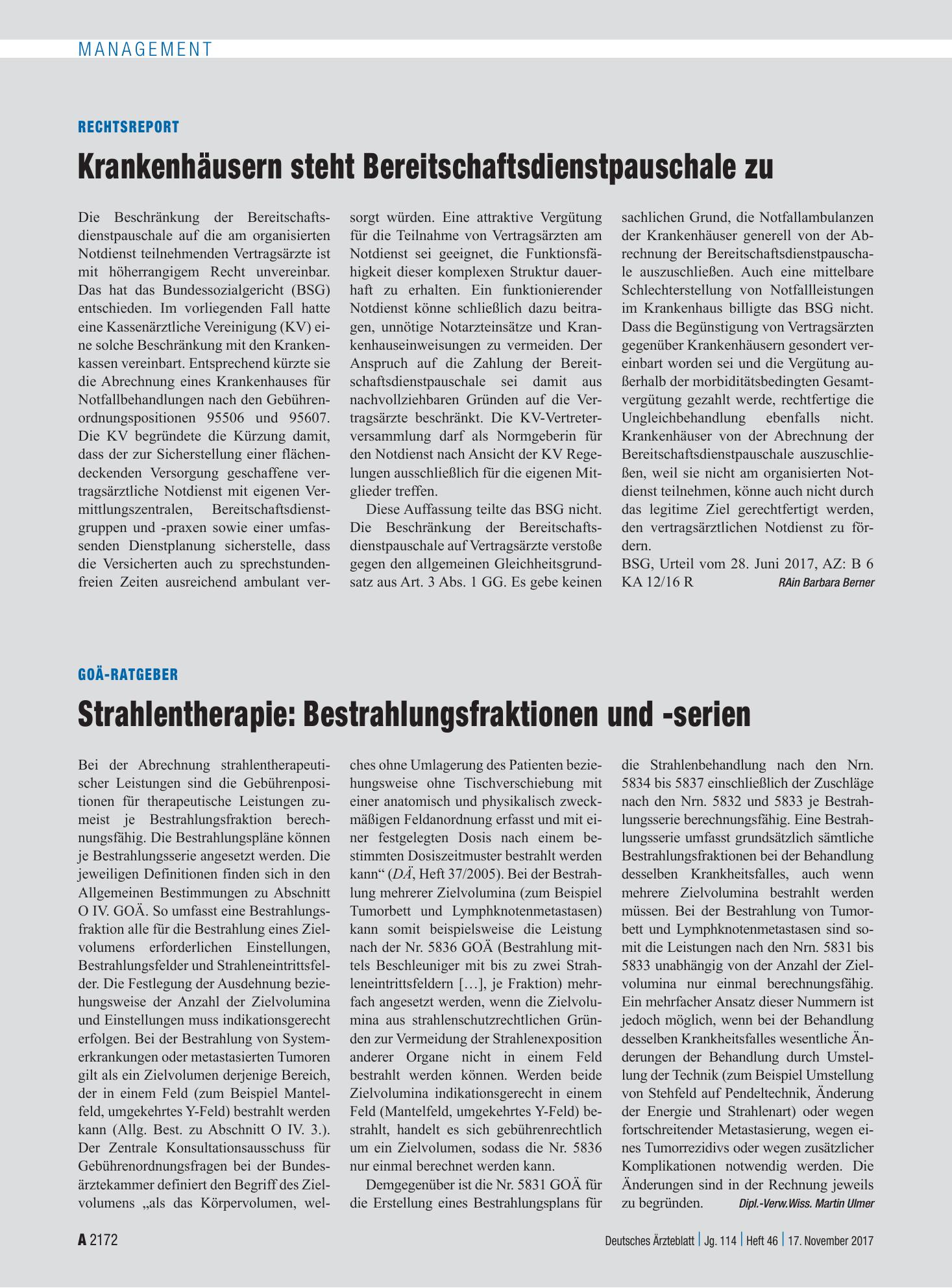 Vorschauseite 1: Rechtsreport: Krankenhäusern steht Bereitschaftsdienstpauschale zu – Deutsches Ärzteblatt