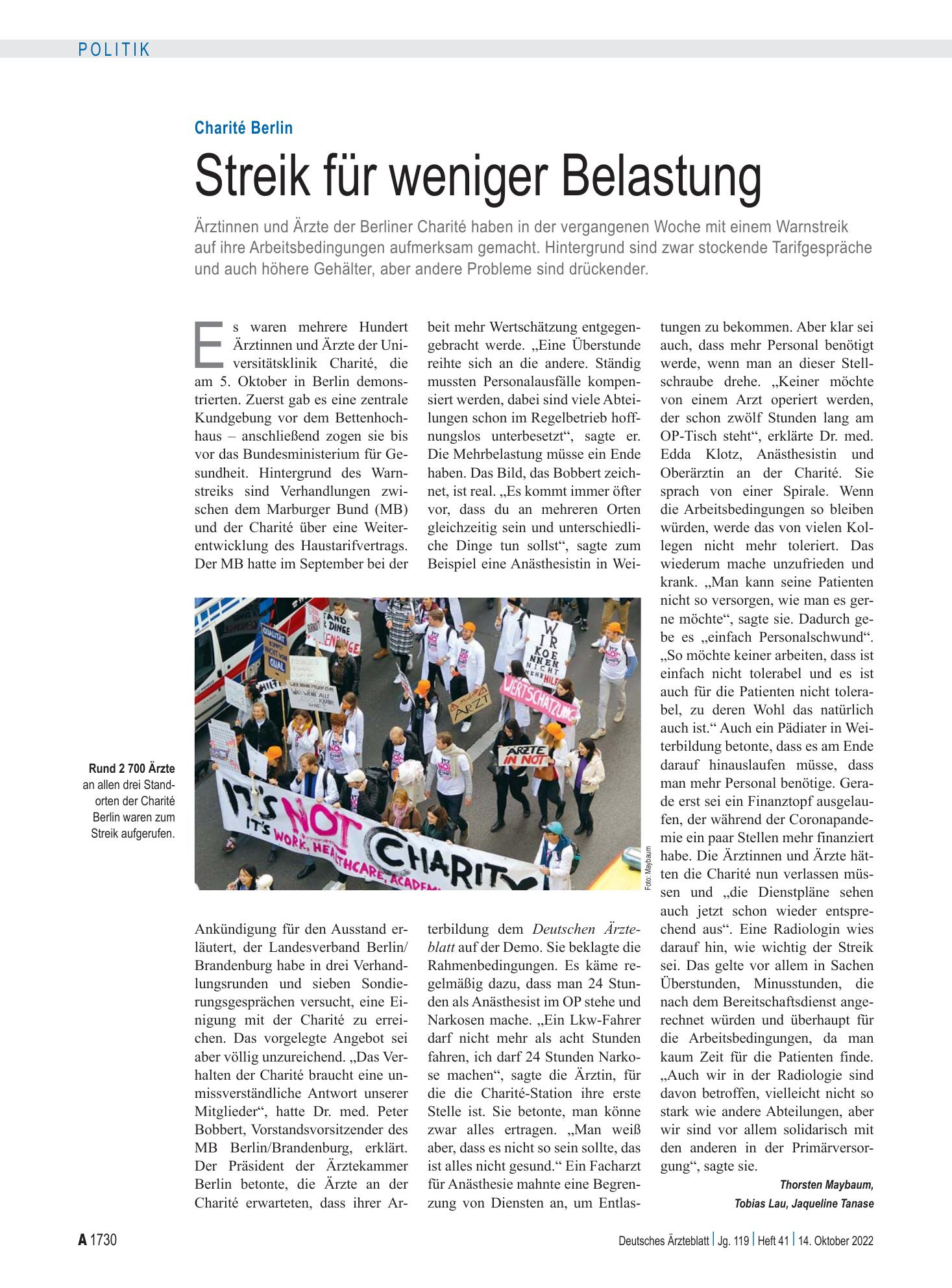 Vorschauseite 1: Charité Berlin: Streik für weniger Belastung – Deutsches Ärzteblatt