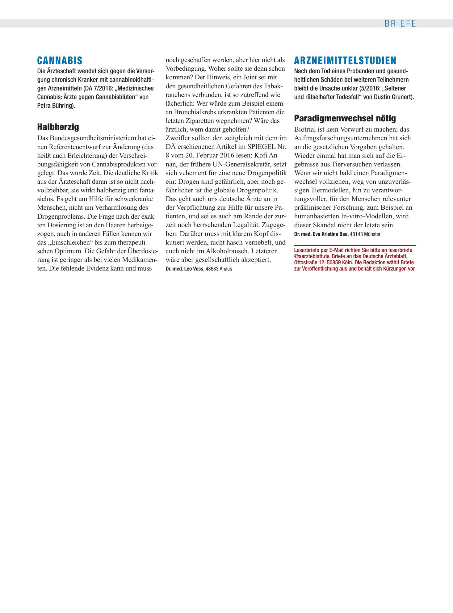 Vorschauseite 1: Cannabis: Halbherzig – Deutsches Ärzteblatt