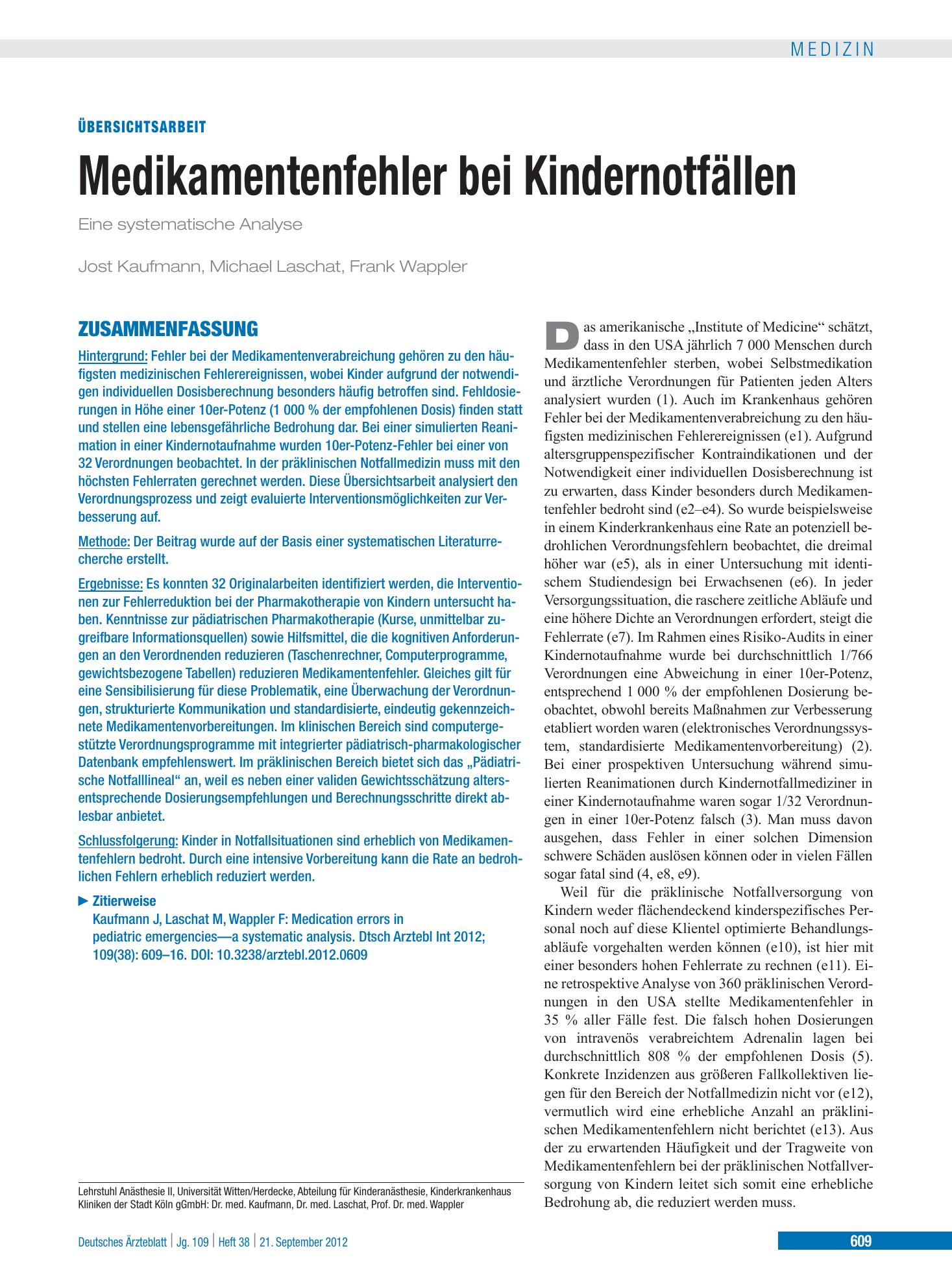 Vorschauseite 1: Medikamentenfehler bei Kindernotfällen – Deutsches Ärzteblatt