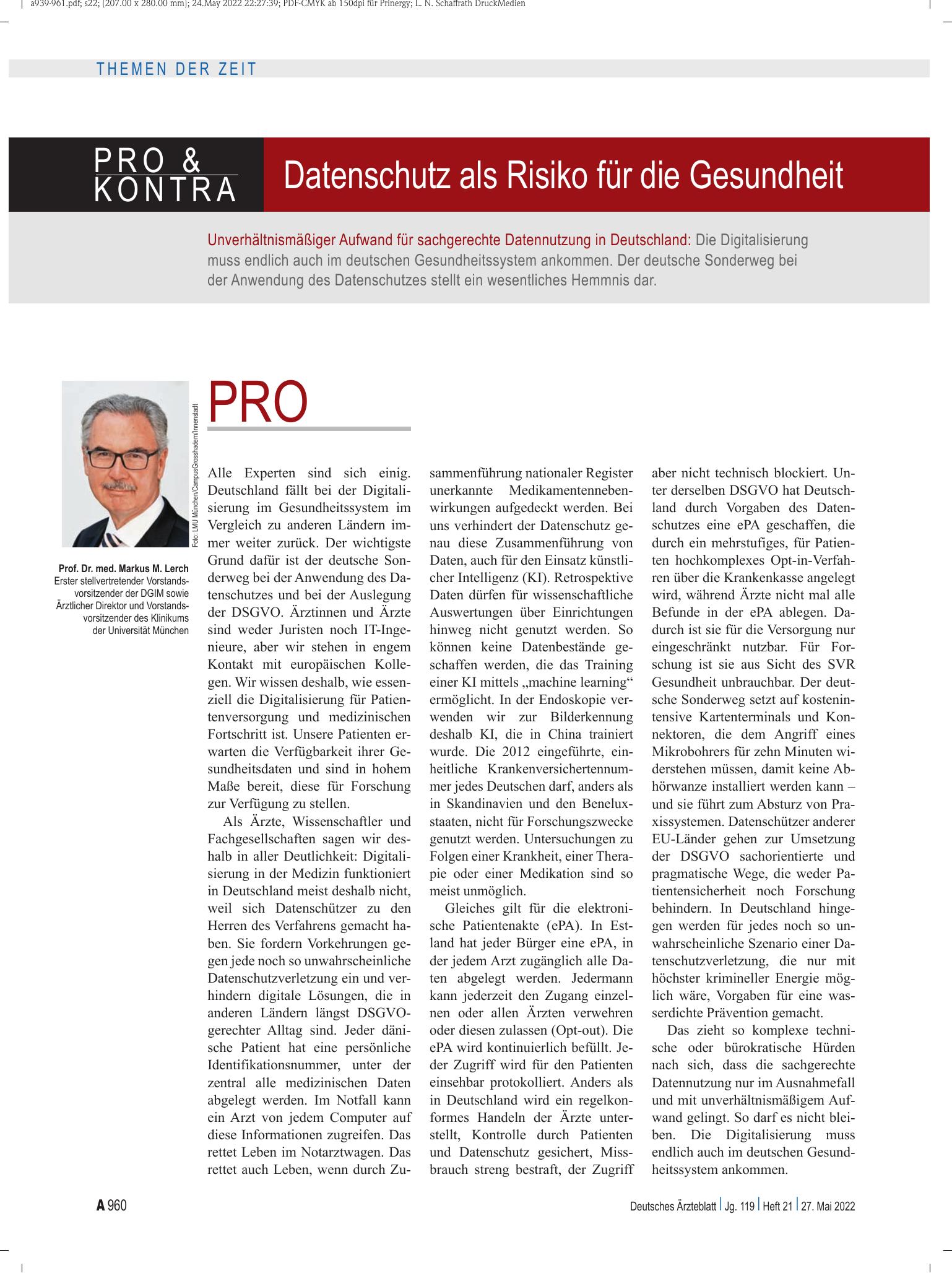 Vorschauseite 1: Pro & Kontra: Datenschutz als Risiko für die Gesundheit – Deutsches Ärzteblatt