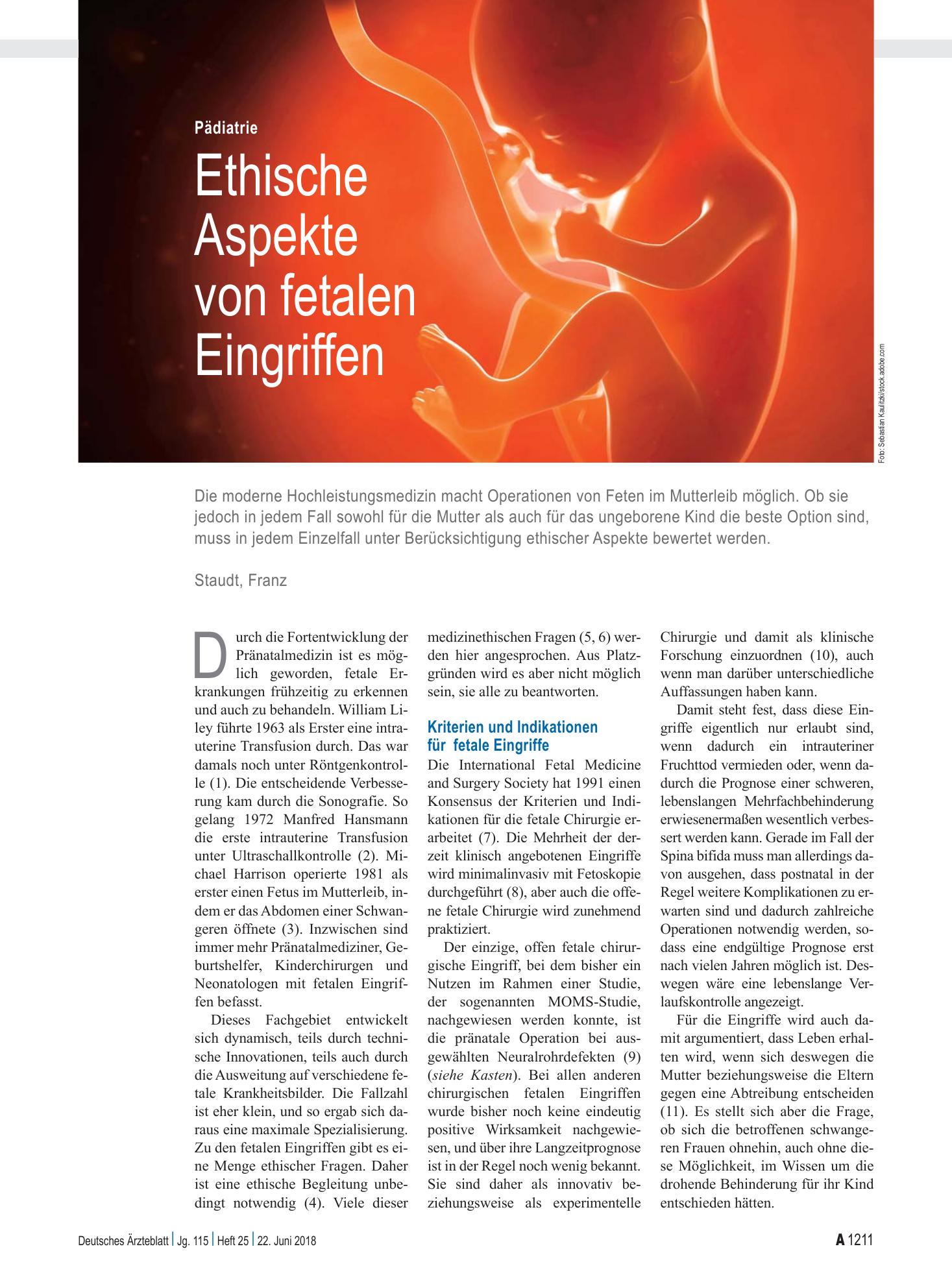 Vorschauseite 1: Pädiatrie: Ethische Aspekte von fetalen Eingriffen – Deutsches Ärzteblatt