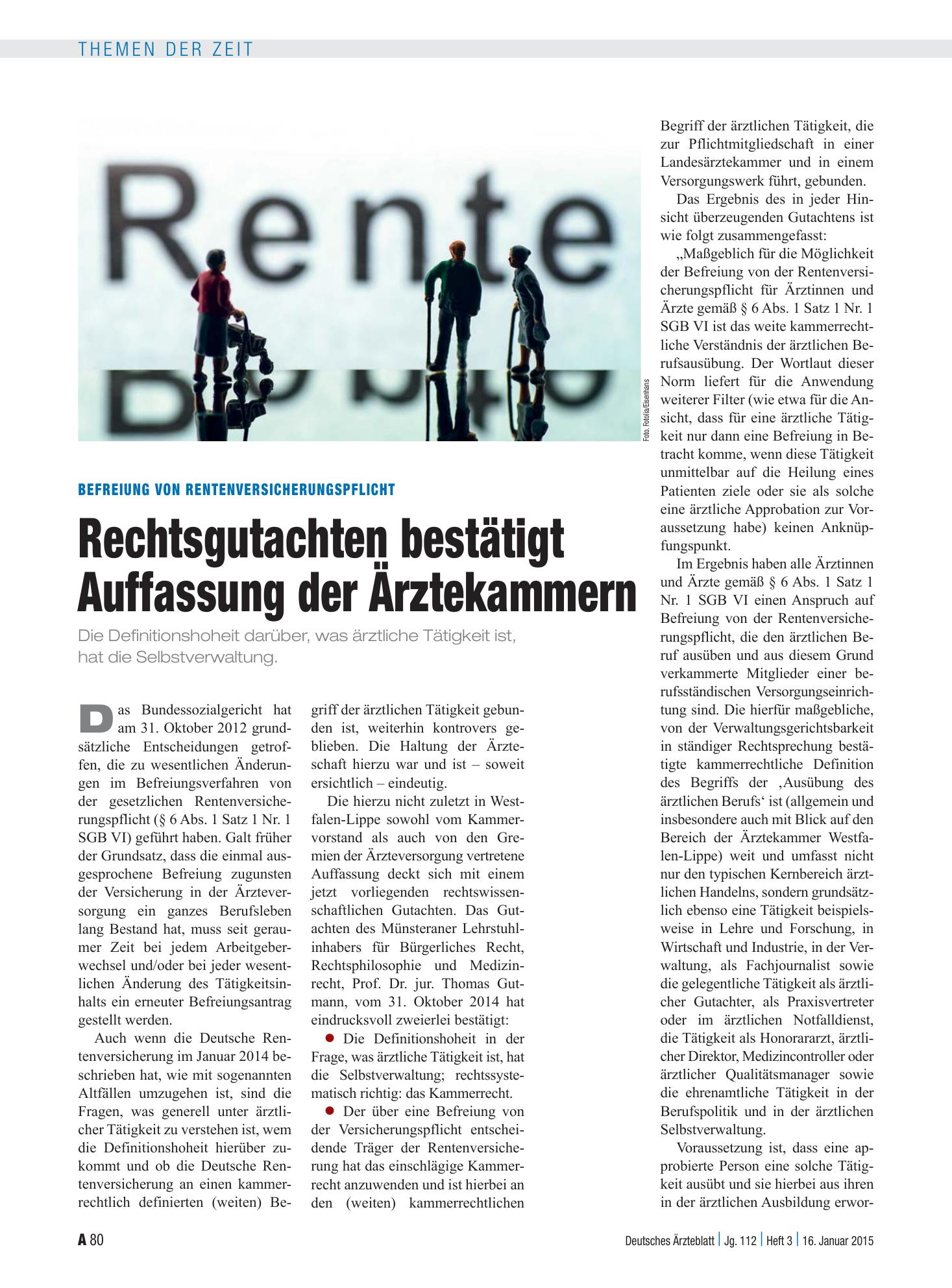 Vorschauseite 1: Befreiung von Rentenversicherungspflicht: Rechtsgutachten bestätigt Auffassung der Ärztekammern – Deutsches Ärzteblatt