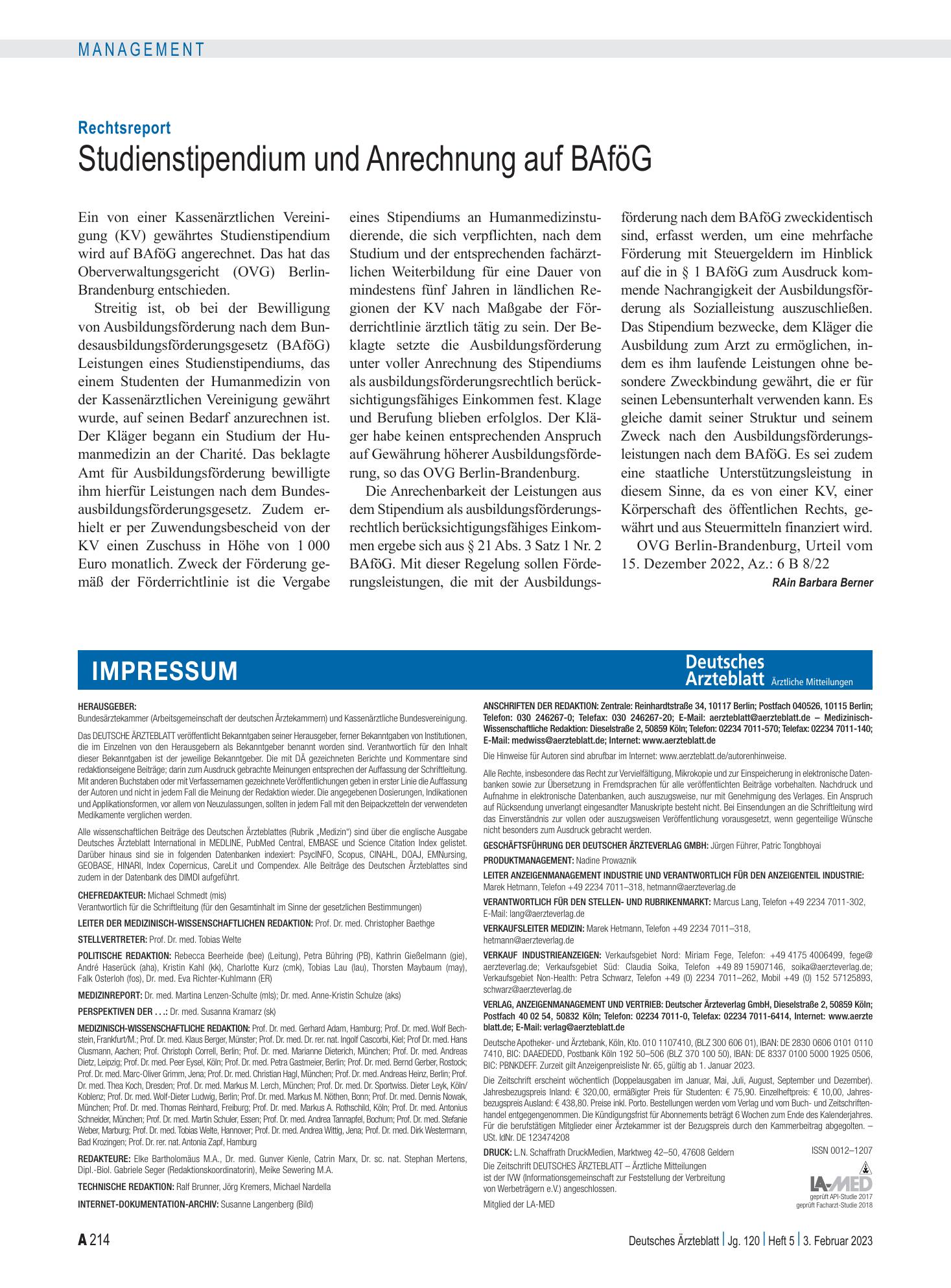 Vorschauseite 1: Rechtsreport: Studienstipendium und Anrechnung auf BAföG – Deutsches Ärzteblatt