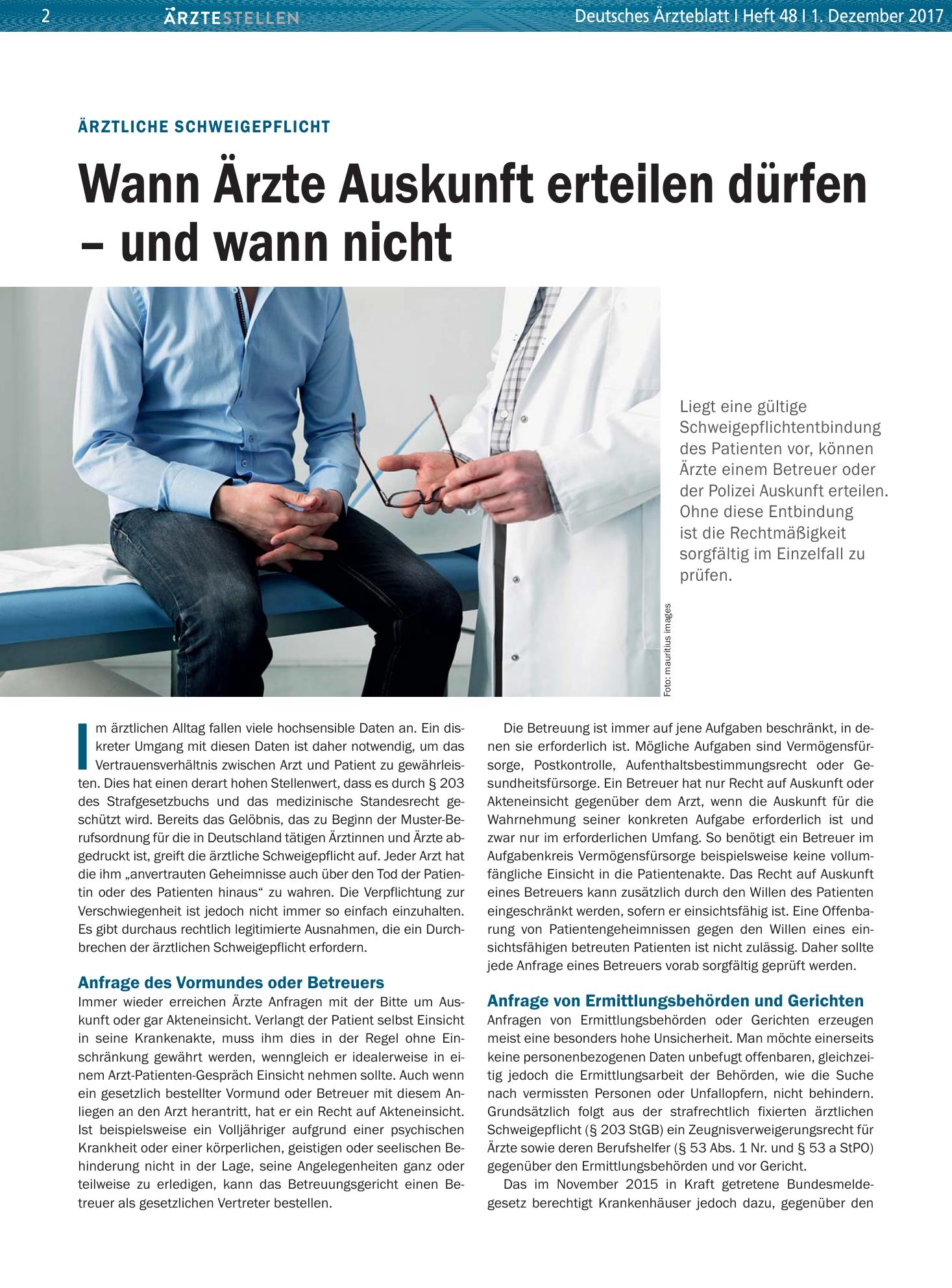 Vorschauseite 1: Ärztliche Schweigepflicht: Wann Ärzte Auskunft erteilen dürfen – und wann nicht – Deutsches Ärzteblatt