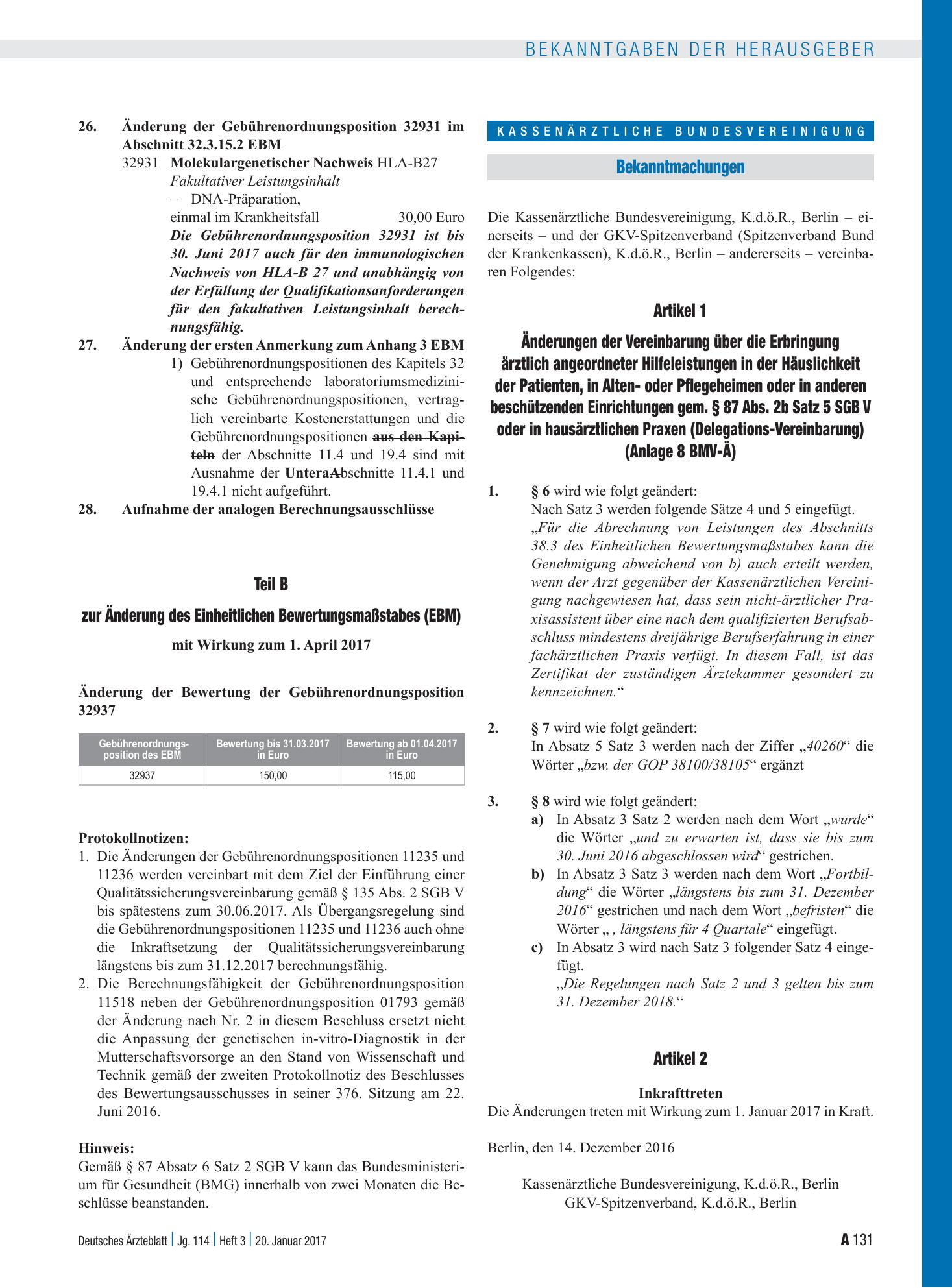Vorschauseite 1: Änderungen der Vereinbarung über die Erbringung ärztlich angeordneter Hilfeleistungen in der Häuslichkeit der Patienten, in Alten- oder Pflegeheimen oder in anderen beschützenden…
