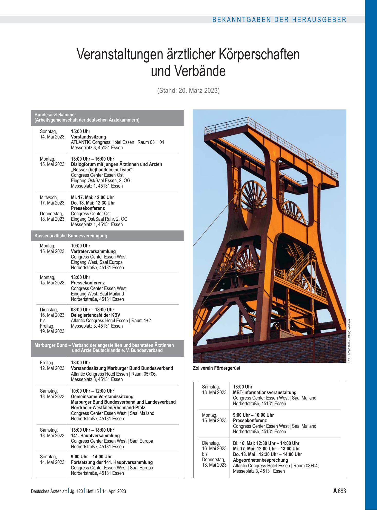 Vorschauseite 1: Veranstaltungen ärztlicher Körperschaften und Verbände (Stand: 20. März 2023) – Deutsches Ärzteblatt