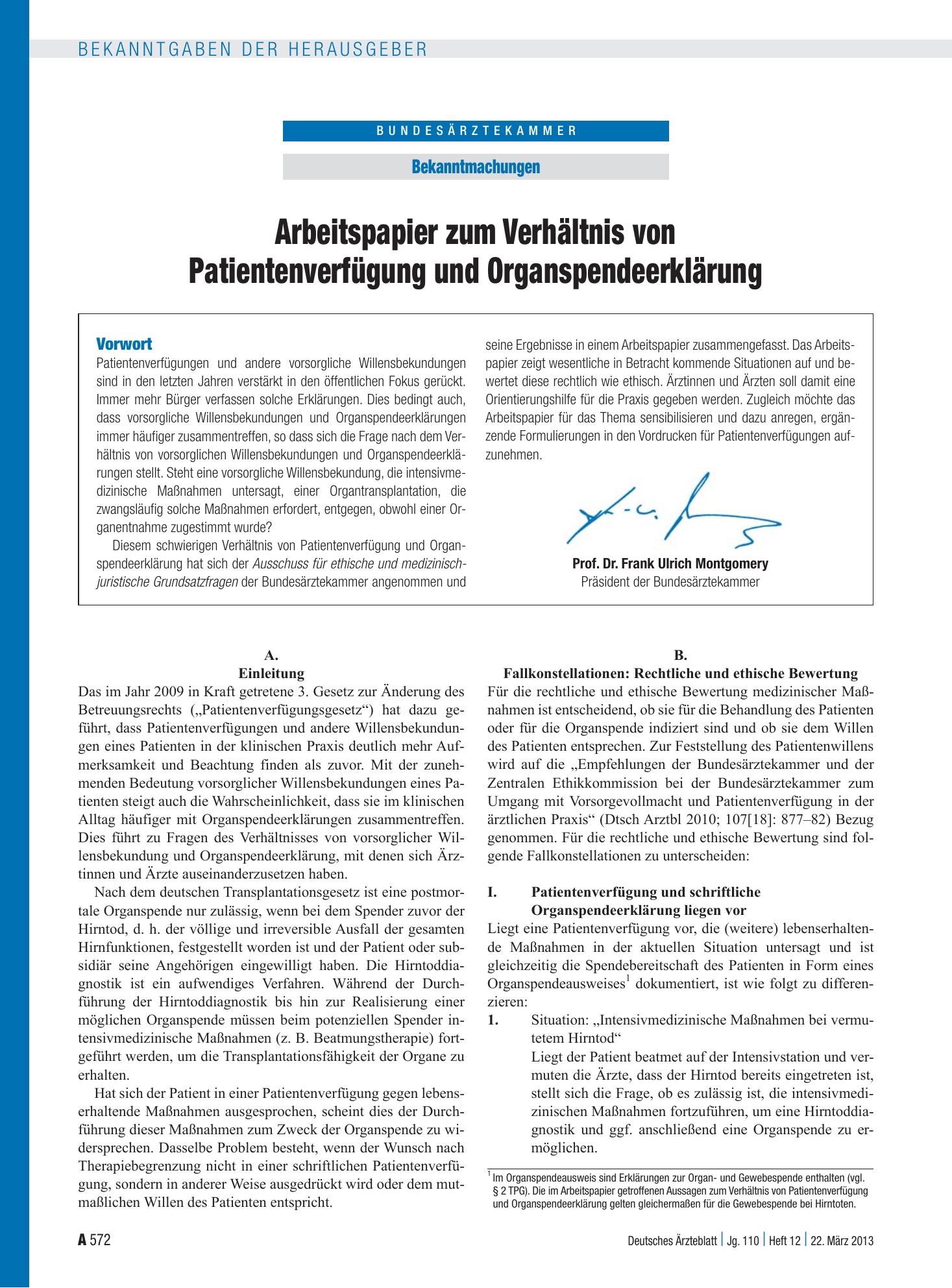 Vorschauseite 1: Arbeitspapier zum Verhältnis von Patientenverfügung und Organspendeerklärung – Deutsches Ärzteblatt