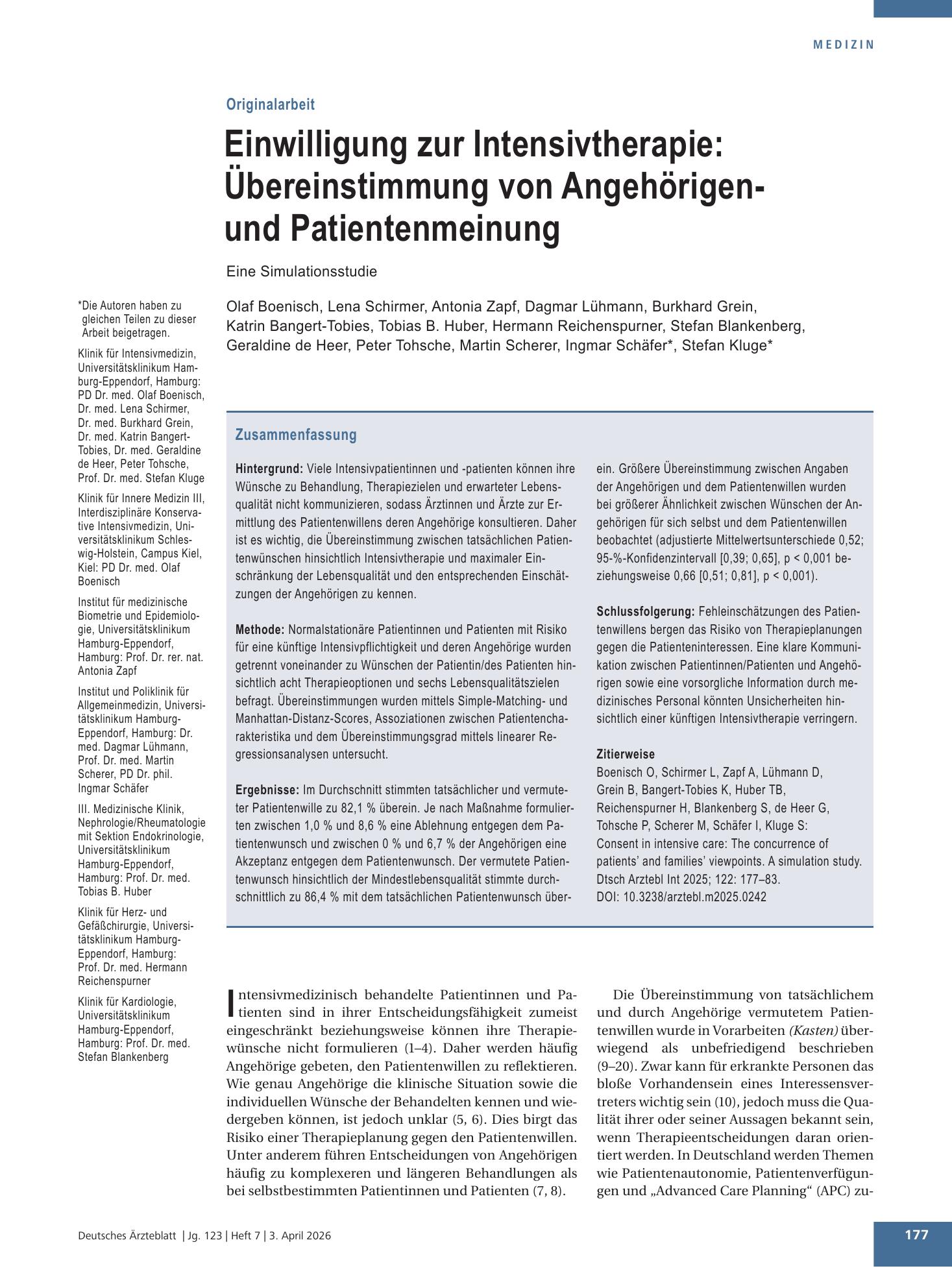 Vorschauseite 1: Einwilligung zur Intensivtherapie: Übereinstimmung von Angehörigen- und Patientenmeinung – Deutsches Ärzteblatt