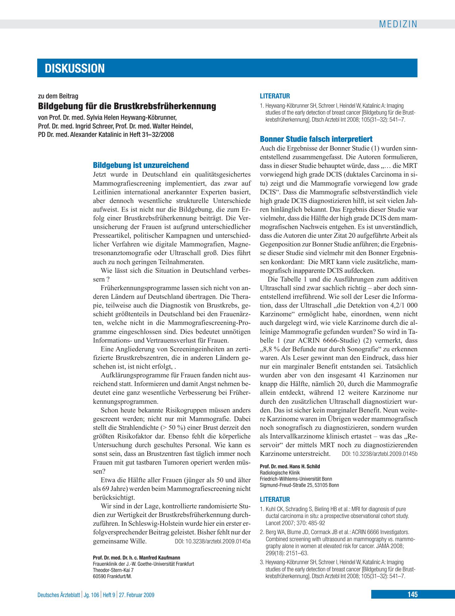 Vorschauseite 1: Bildgebung für die Brustkrebsfrüherkennung: Bonner Studie falsch interpretiert – Deutsches Ärzteblatt