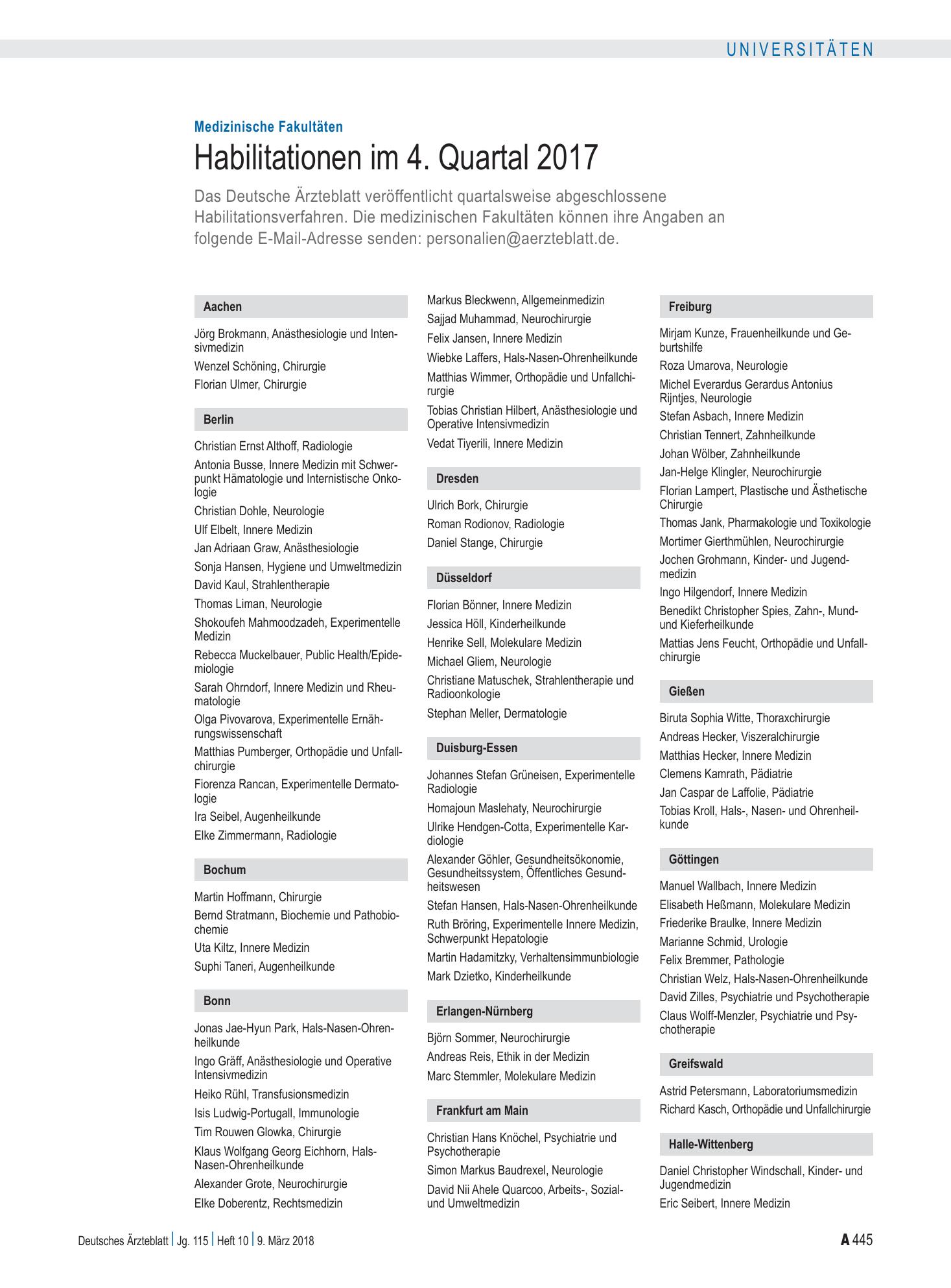 Vorschauseite 1: Medizinische Fakultäten: Habilitationen im 4. Quartal 2017 – Deutsches Ärzteblatt
